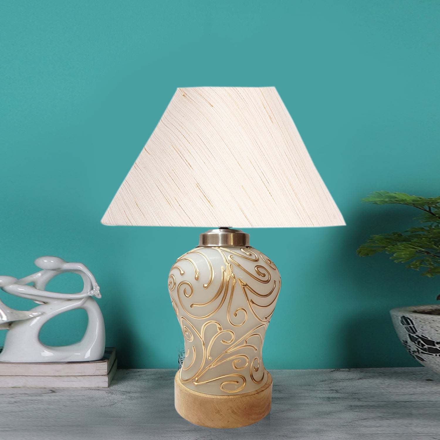 Devansh Conical Off White Cotton Shade Lamp With Wood & Mosaic Glass Base For Decoration /Office/Home/Gifting/Study For Decoration /Office/Home/Gifting/Study -(10X10X14.5) Inches -