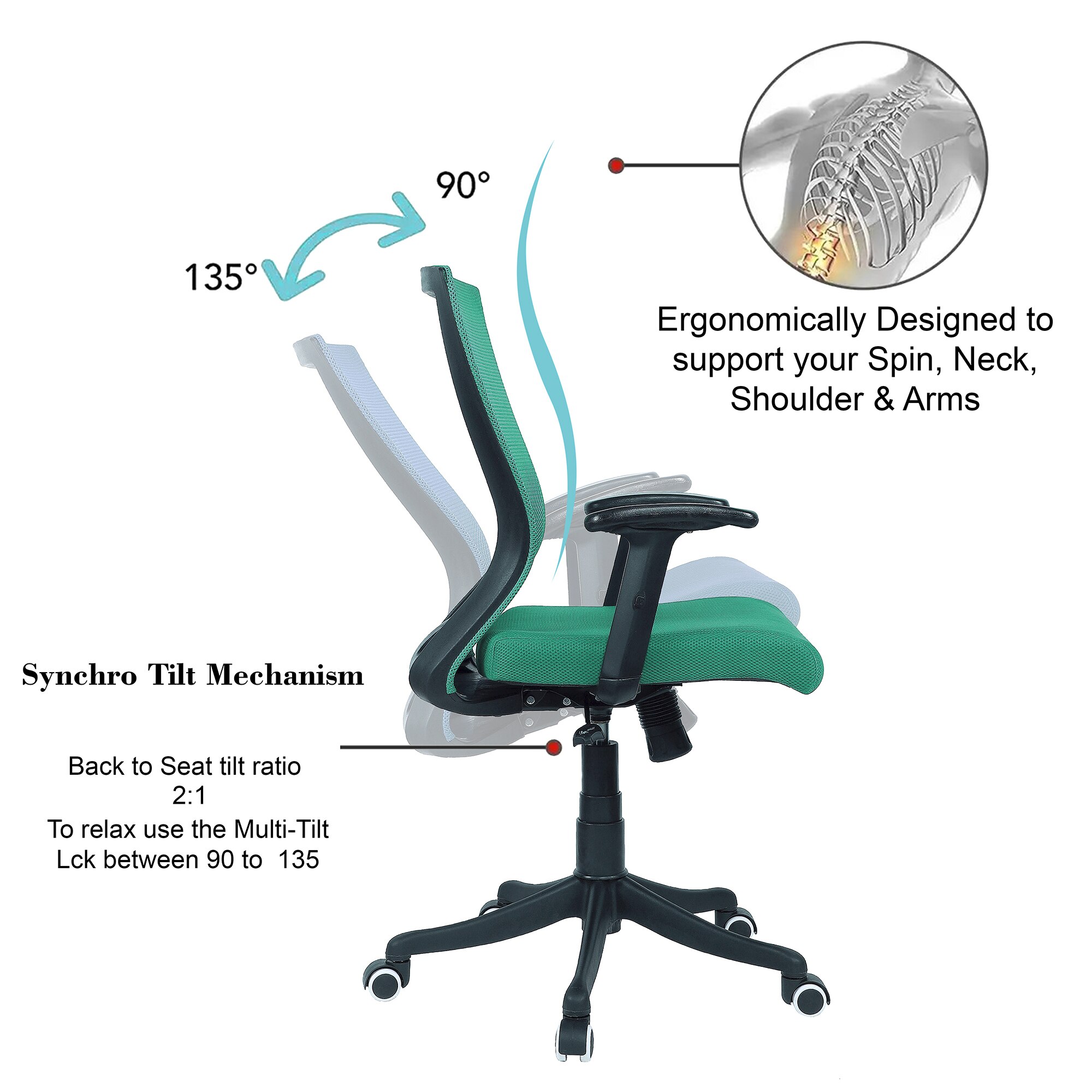 Ebeaony Mid Back Ergonomic Chair in Dark Green Colour
