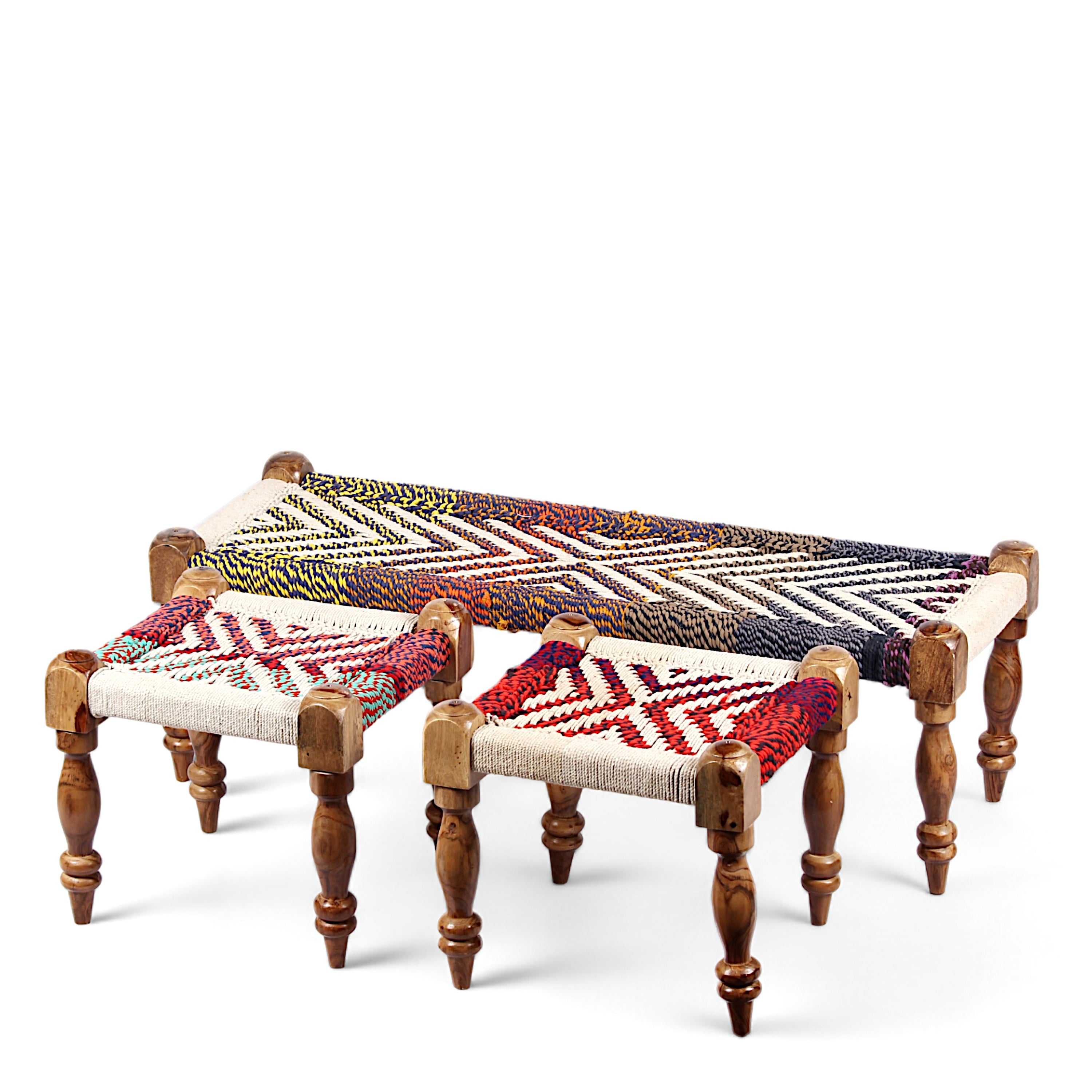 Hamilton Sheesham Wood 2 Seater Maachi Bench Set With 2 Stools In Assorted Multi-Colour Chindi & White Rope Canning