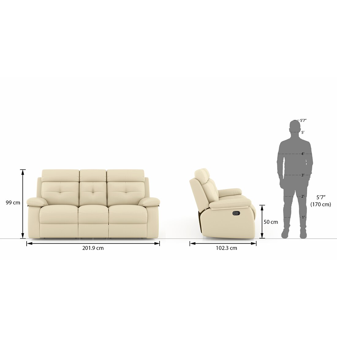 Raphael Leatherette Three Seater Manual Recliner in Off White Colour