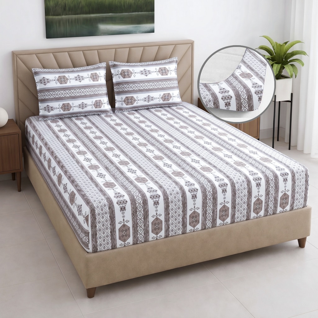 White And Coffee Shade Foral400 Tc Cotton  Fitted Super King Size Bedsheet With 2 Pillow Covers - Threads