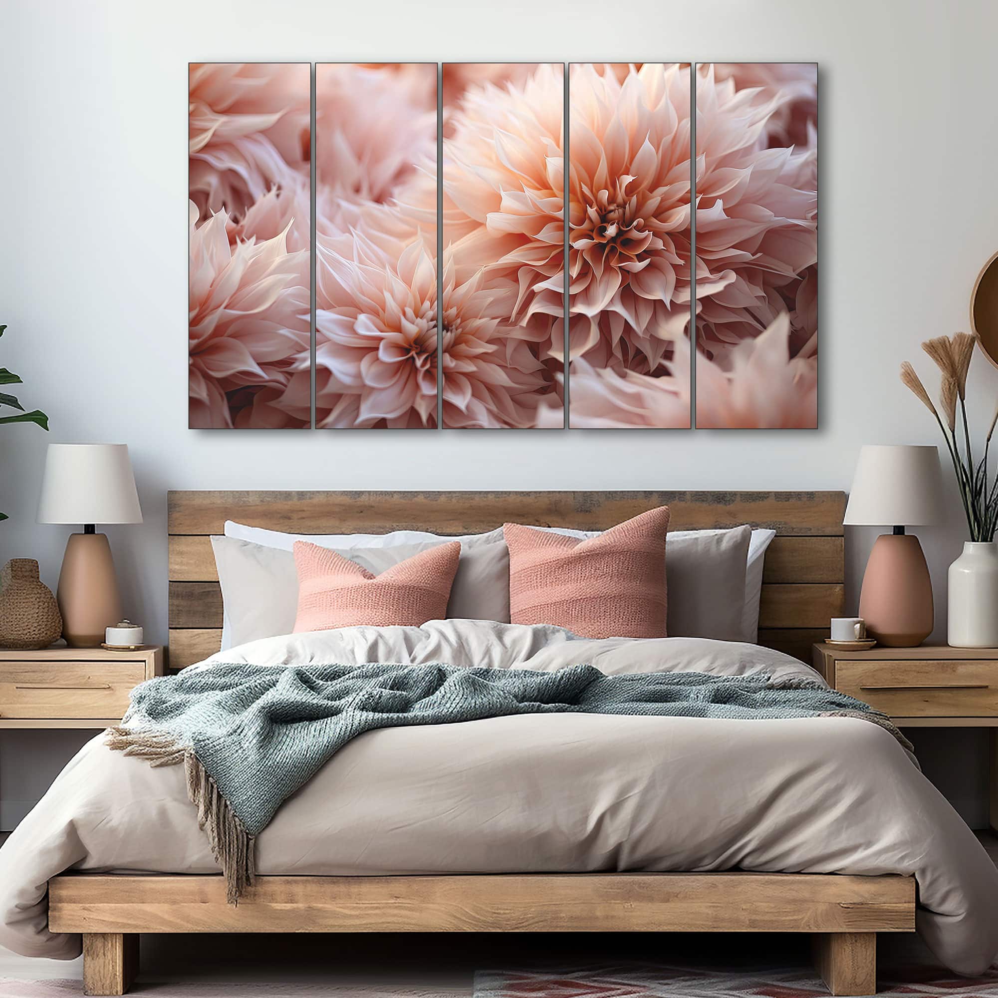 The Castle Decor Dahlia Flower Wall Art Set of 5 Wooden Framed Digital Painting 27x48 Inch - The Castle Decor