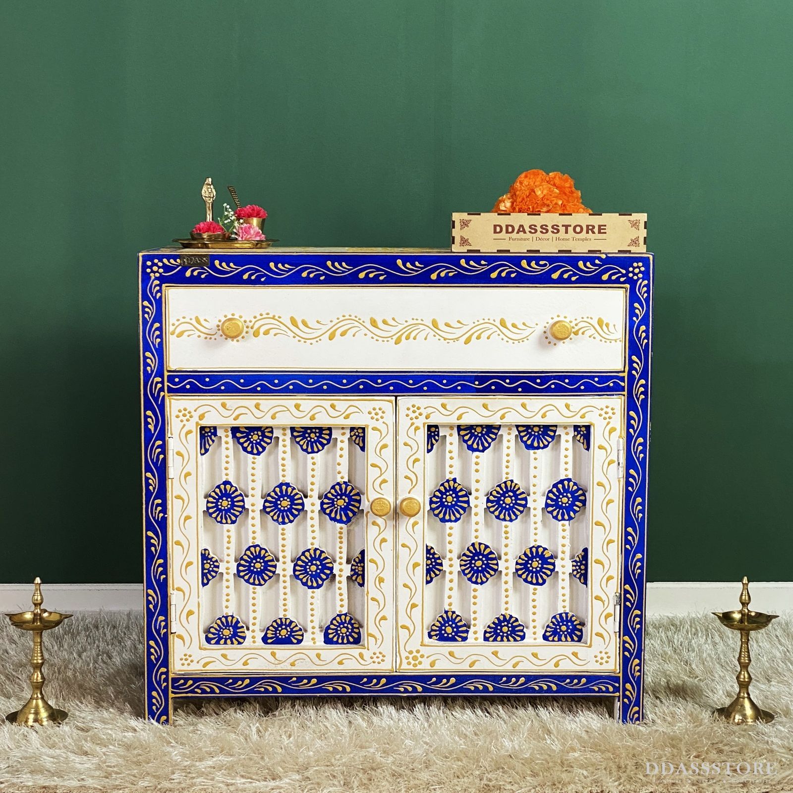 D'Dass Big White Sheesham and Mdf Wooden Temple For Pooja With Cabinet - D'DASS