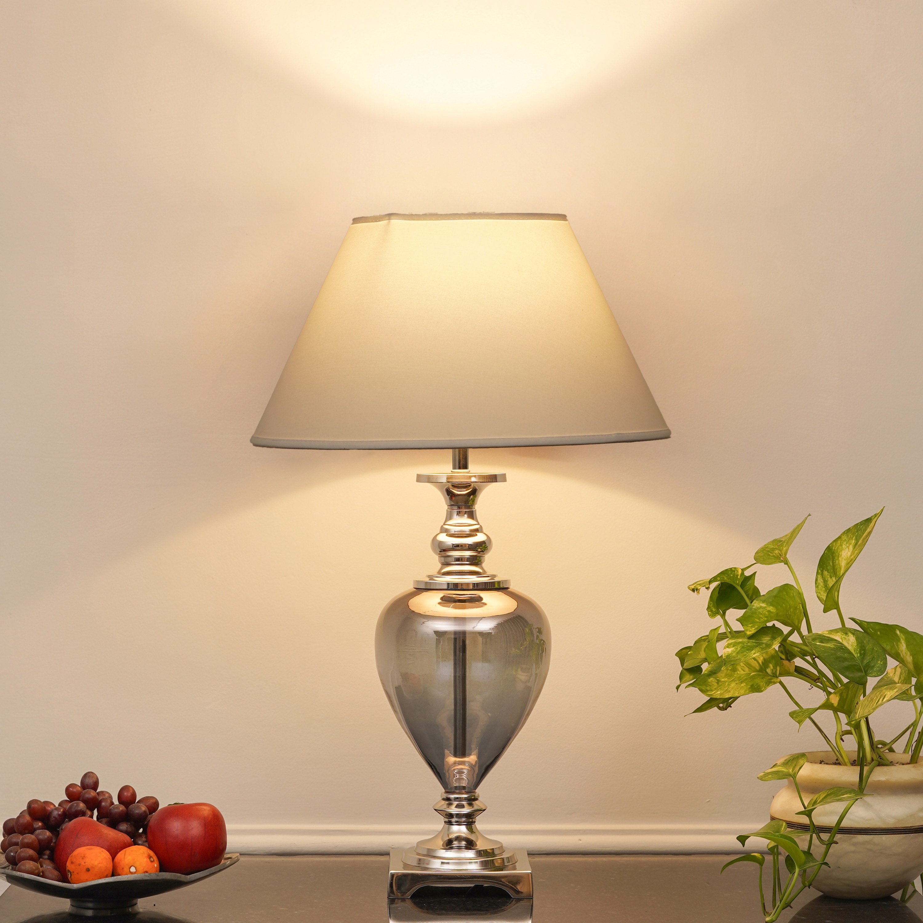 Hinton Blue Glass And Nickel Finish Metal Table Lamp With White Cotton Shade
