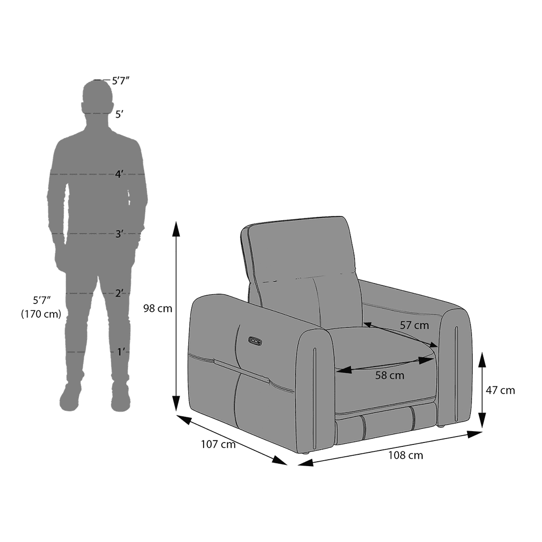 Linaro Leather 1 Seater Double Motor Recliner In Grey Colour