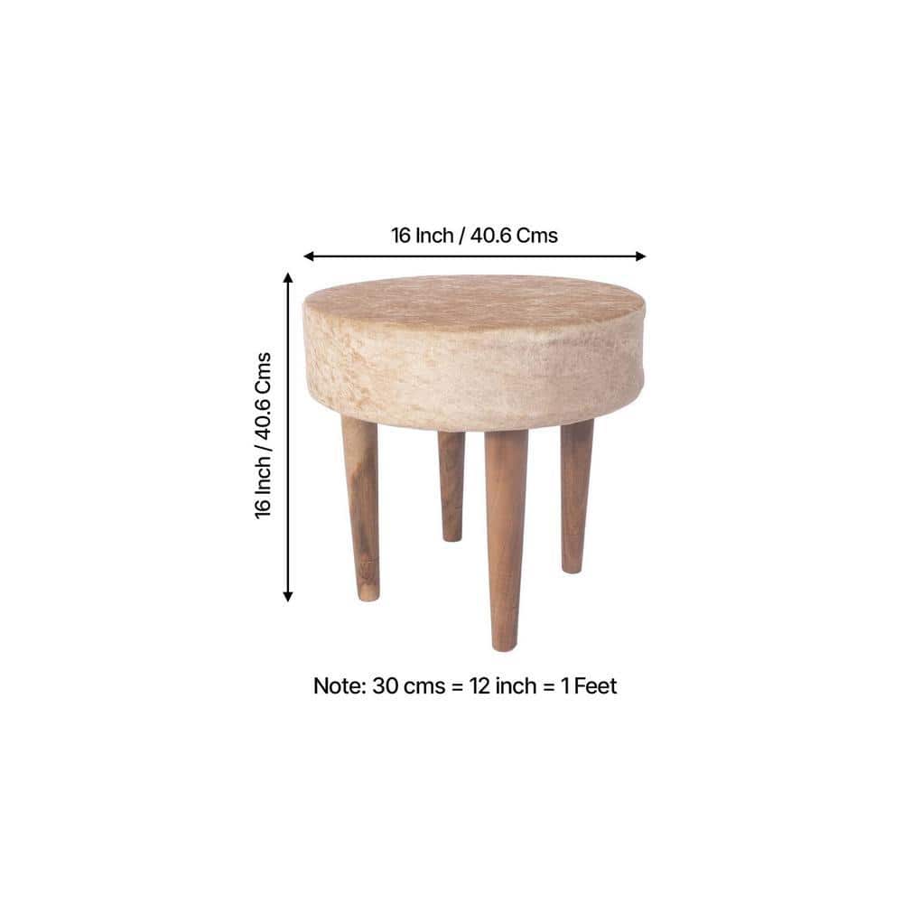 Nayla Solid Wood Stool in Ivory Sparkle Velvet Fabric