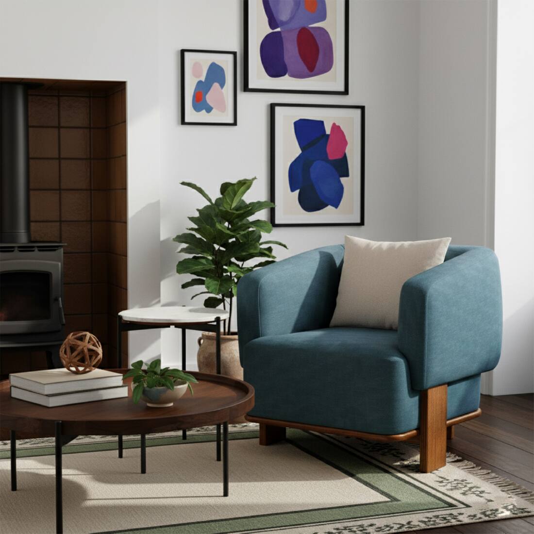 Rivaaz Solid Wood One Seater Chair in Blue Colour - Orange Tree