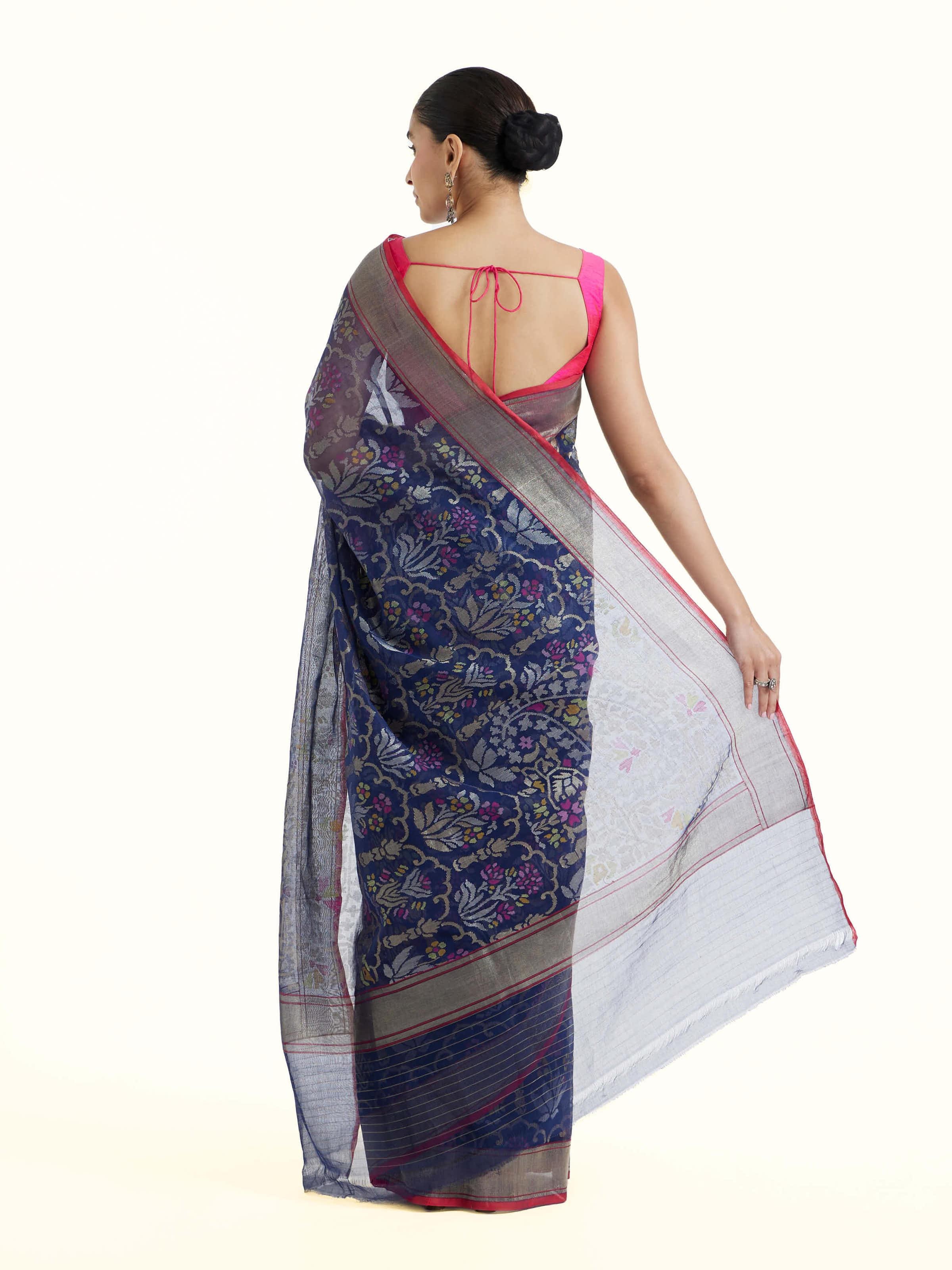 Back view of the Blue Cotton Awadh Jamdani Saree