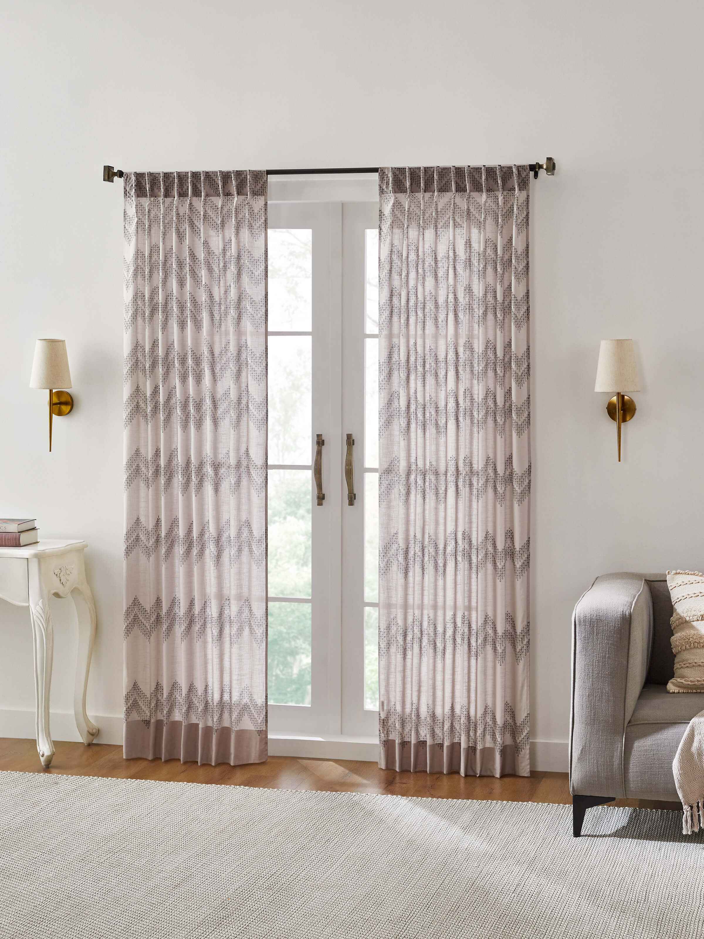 Rambagh Light Grey Geo Chevron Cotton Sanganeri Hand Block Printed Curtain (9 Ft)