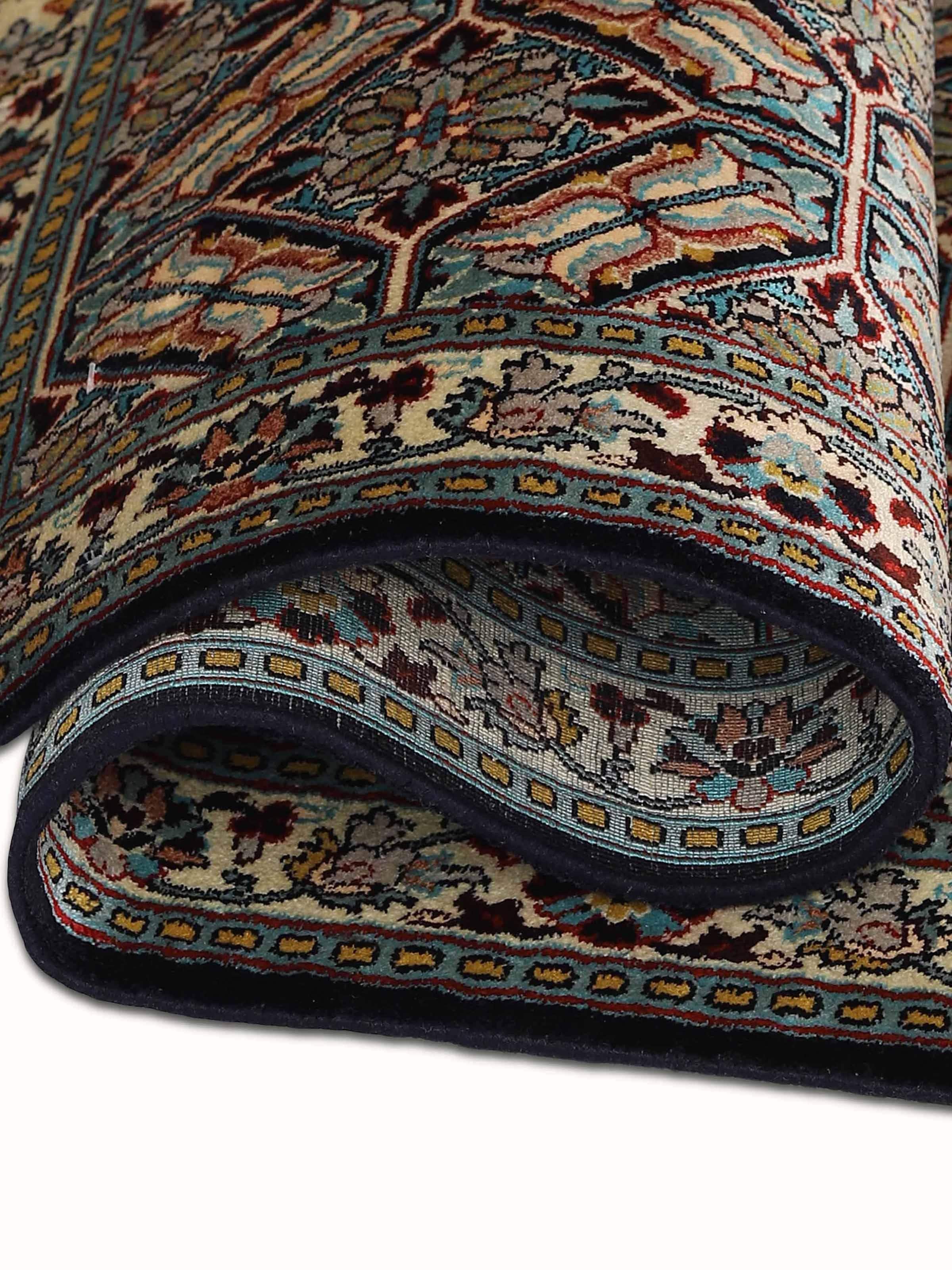 Traditional Persian Blue Khatamband Kashmir Silk Hand-knotted Rug