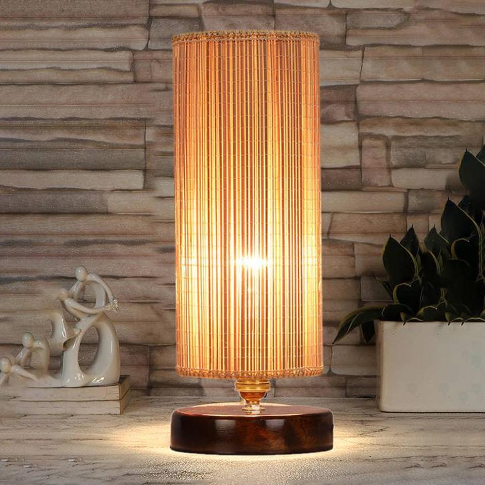 Waldo Round Bamboo table lamp with brown wood base