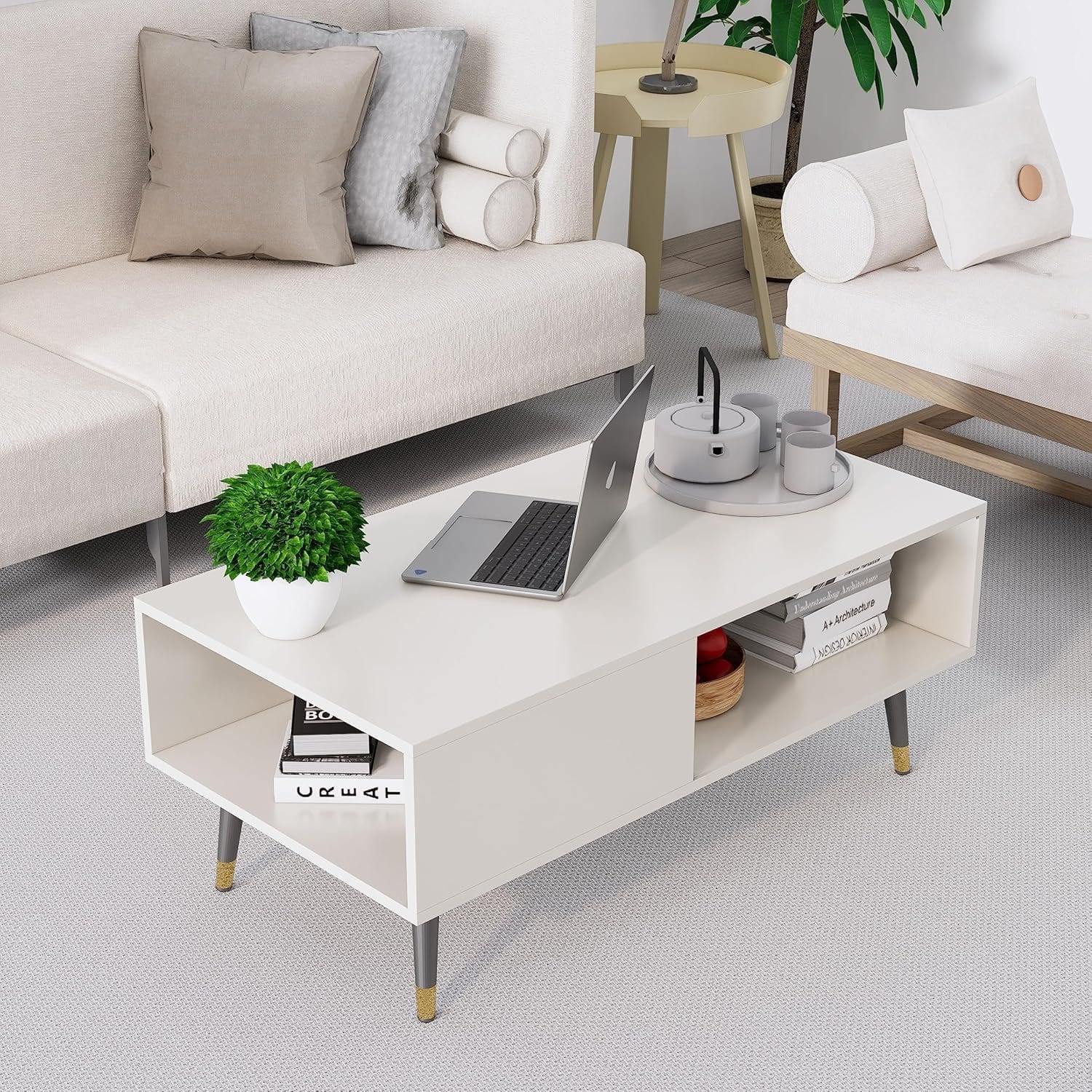 Hexa Engineered Wood Modern Coffee Table With Golden Metal Legs In Frosty White - HexaRed
