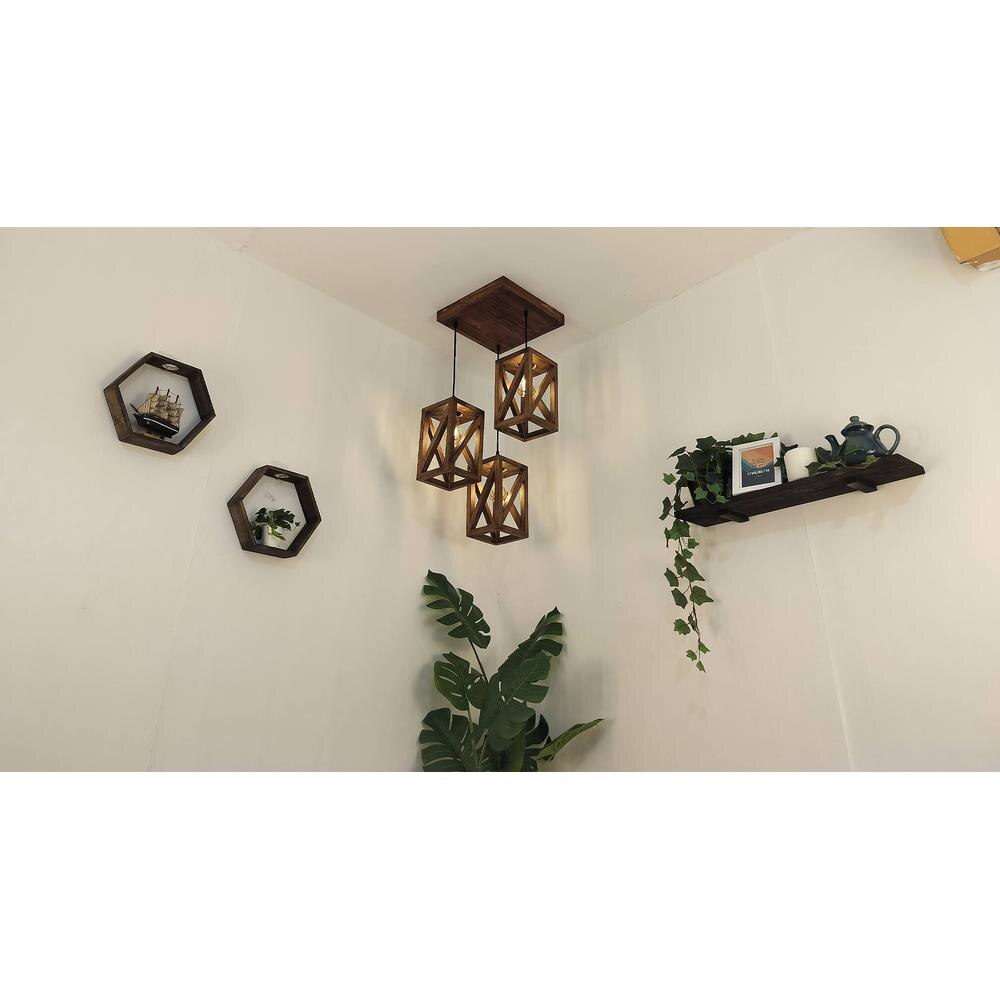 Symmetric Brown Solid Wood Cluster Hanging Light