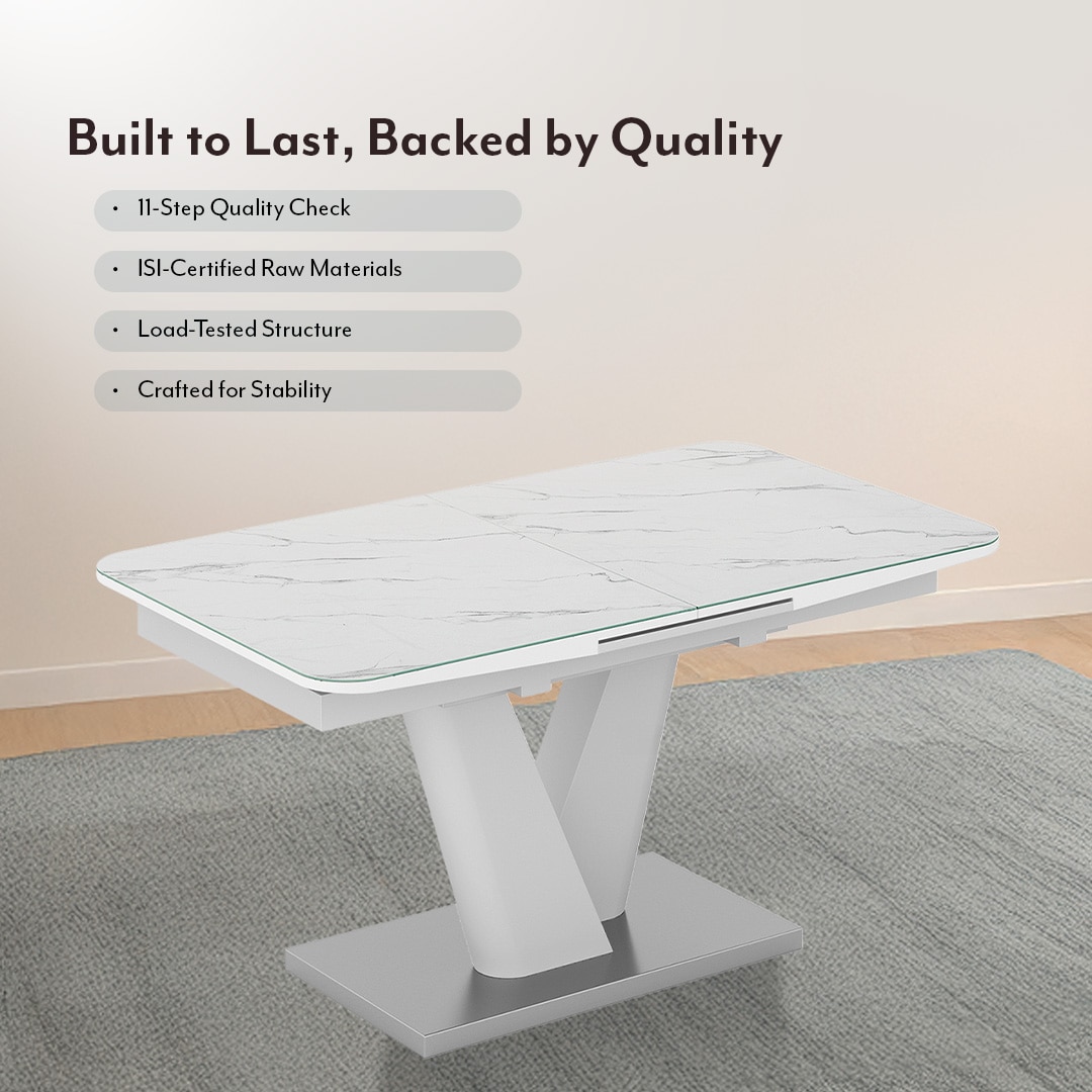 Caribu 4 To 6 Extendable Dining Table In White Marble Color With High Gloss Finish