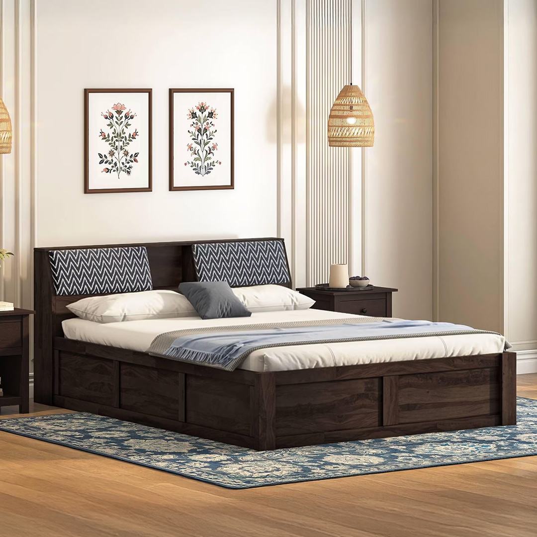 Jennings Queen Size Hydraulic Storage Bed in American Walnut Finish