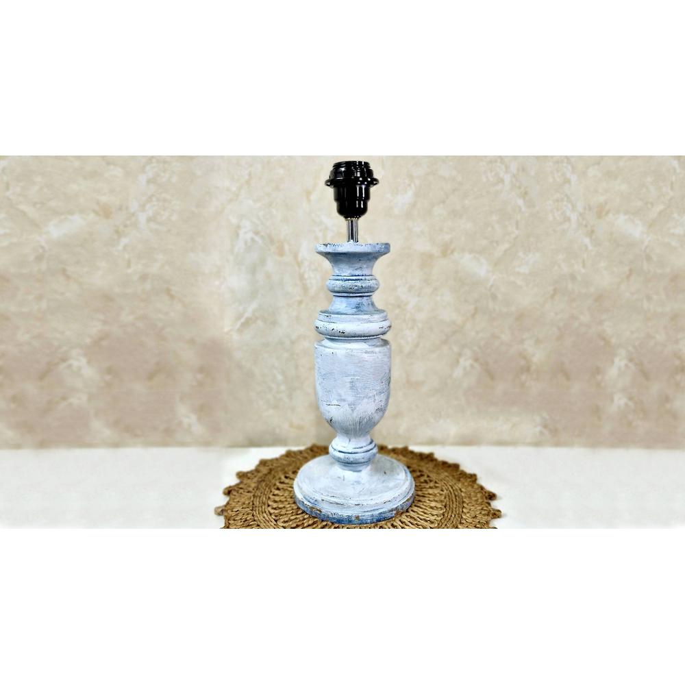 Pelli Blue White Handmade Distress wooden Table lamp in Trophy design with Handpainted Border on Beige fabric shade
