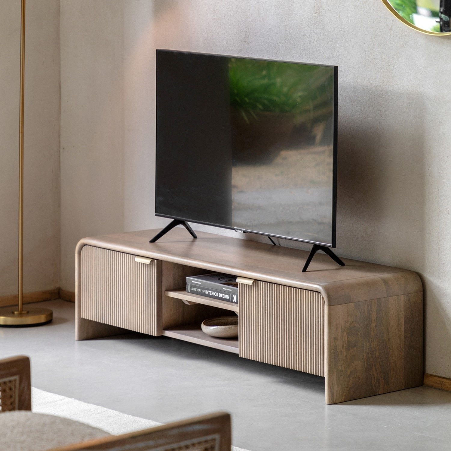 Myr Solid Wood TV Unit with 2 Door In White Wash Finish - Woodenmood