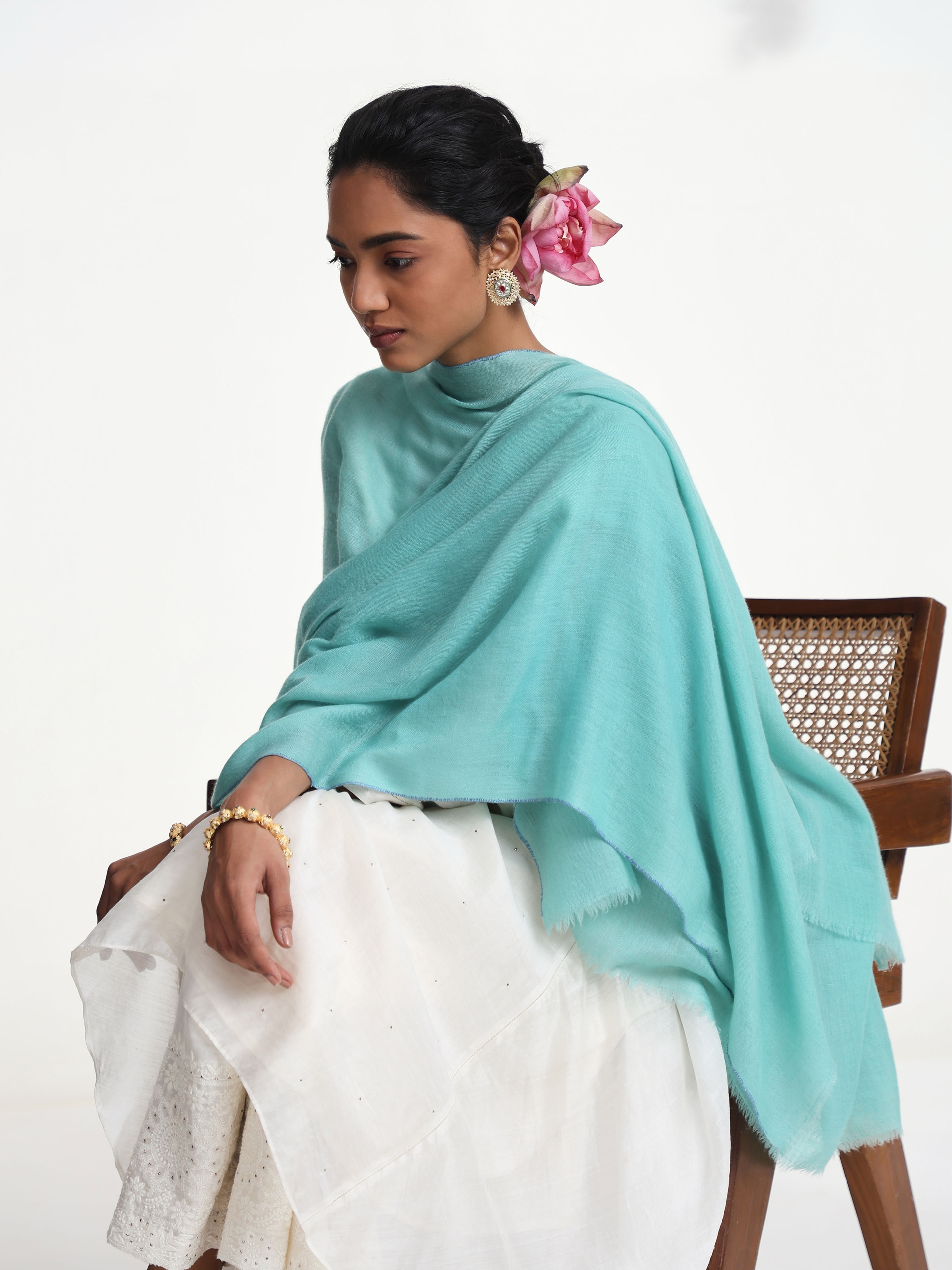 Sea Green Pashmina Kaaj Embroidered Shawl