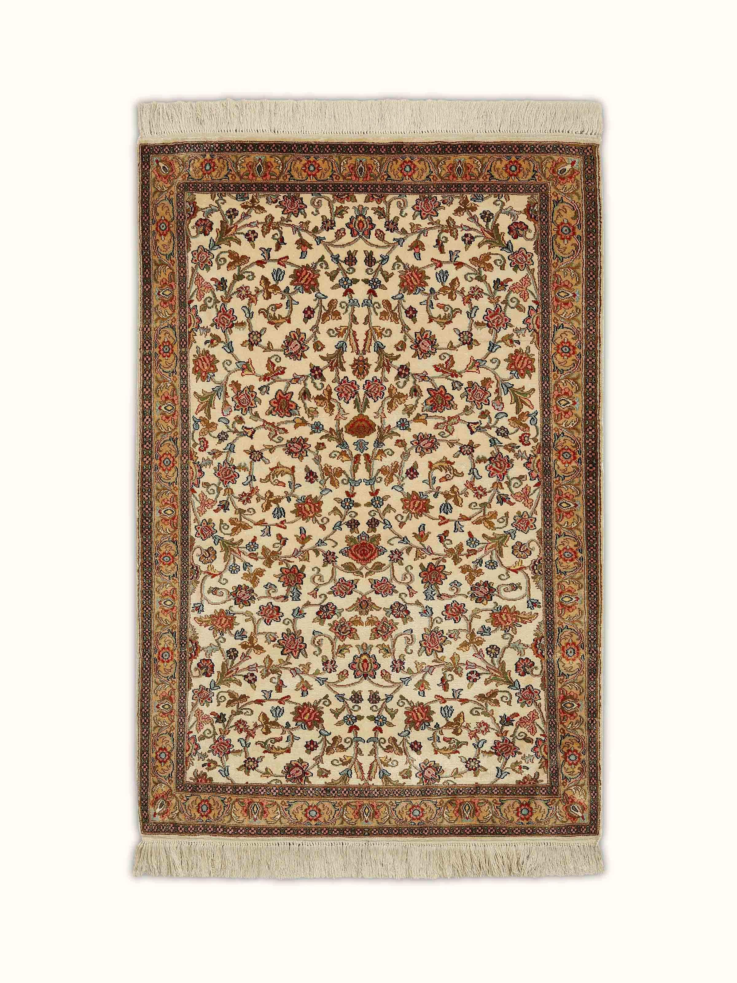Traditional Persian Off-White Allover Kashmir Silk Hand-knotted Rug