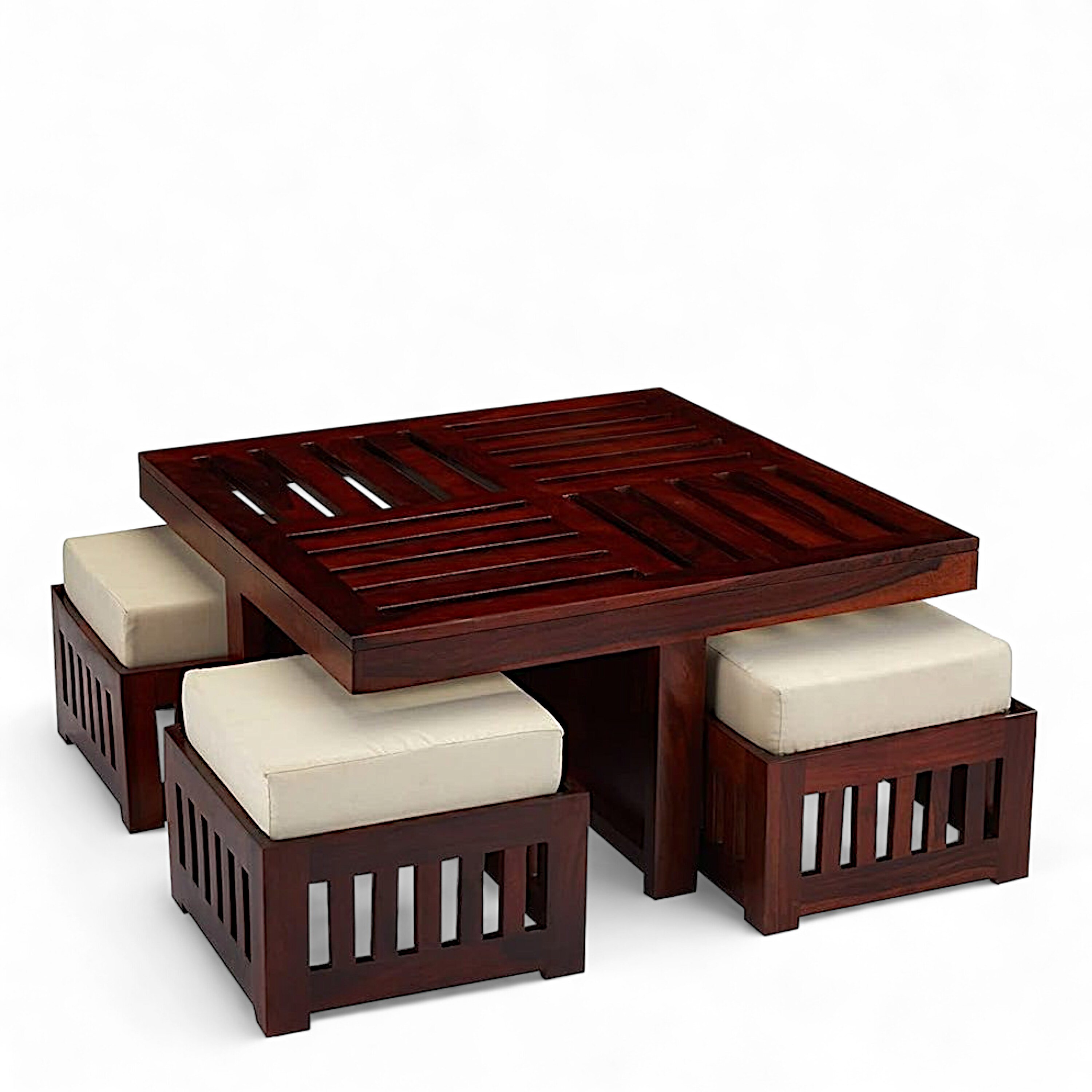 Palladio Sheesham Wood Accent Coffee Table Set With 4 Stools In Honey Finish