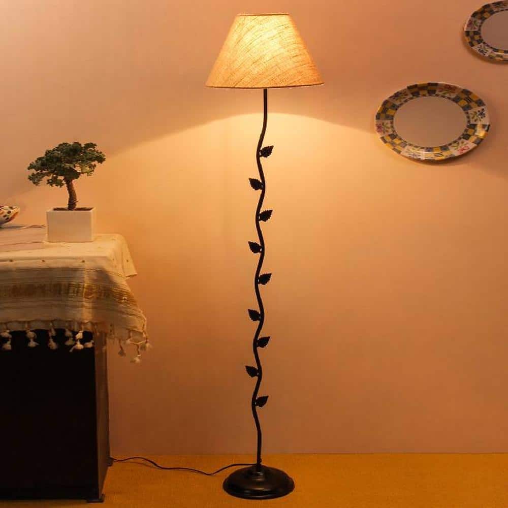 Evana Beige Natural Fiber Floor Lamp with Black Iron Base