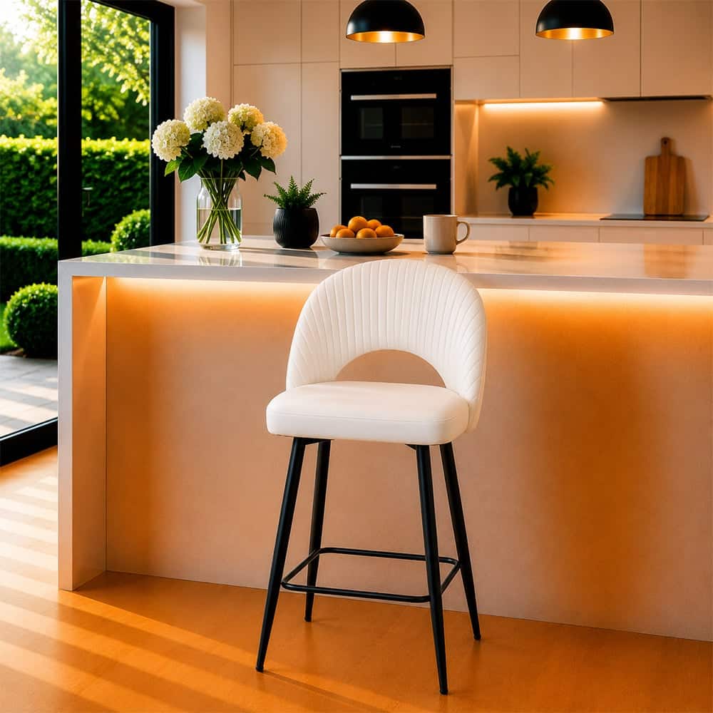 Doe Buck Faux Leather Counter Height Bar Stool in White Colour with Black Legs - Doe Buck