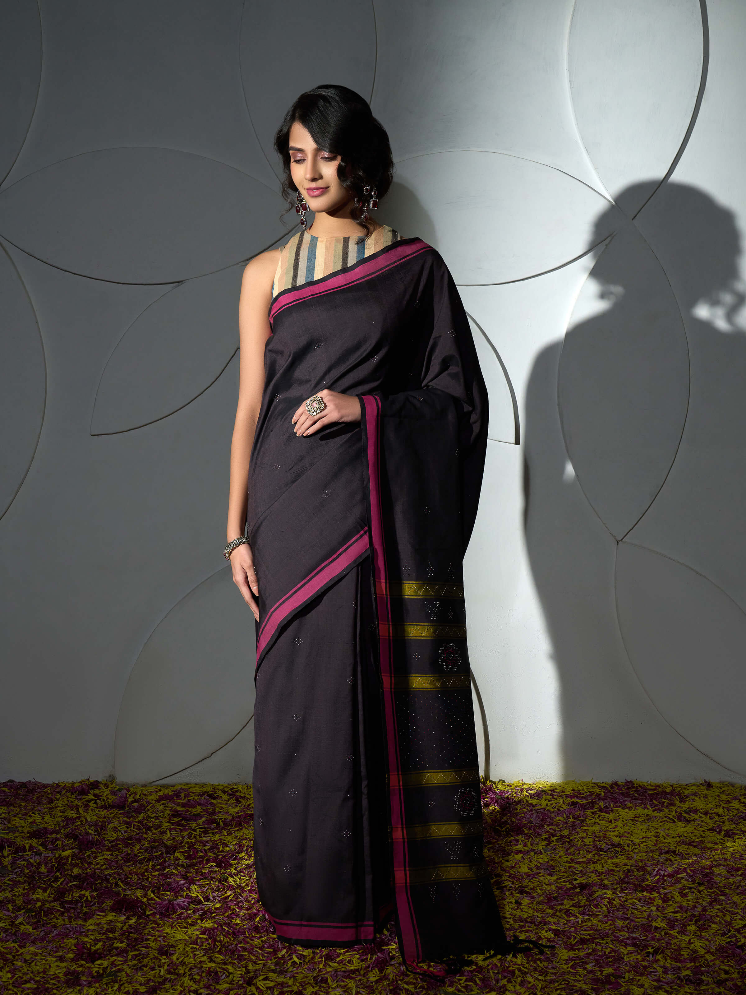 Brown Cotton Silk Tangalia Saree