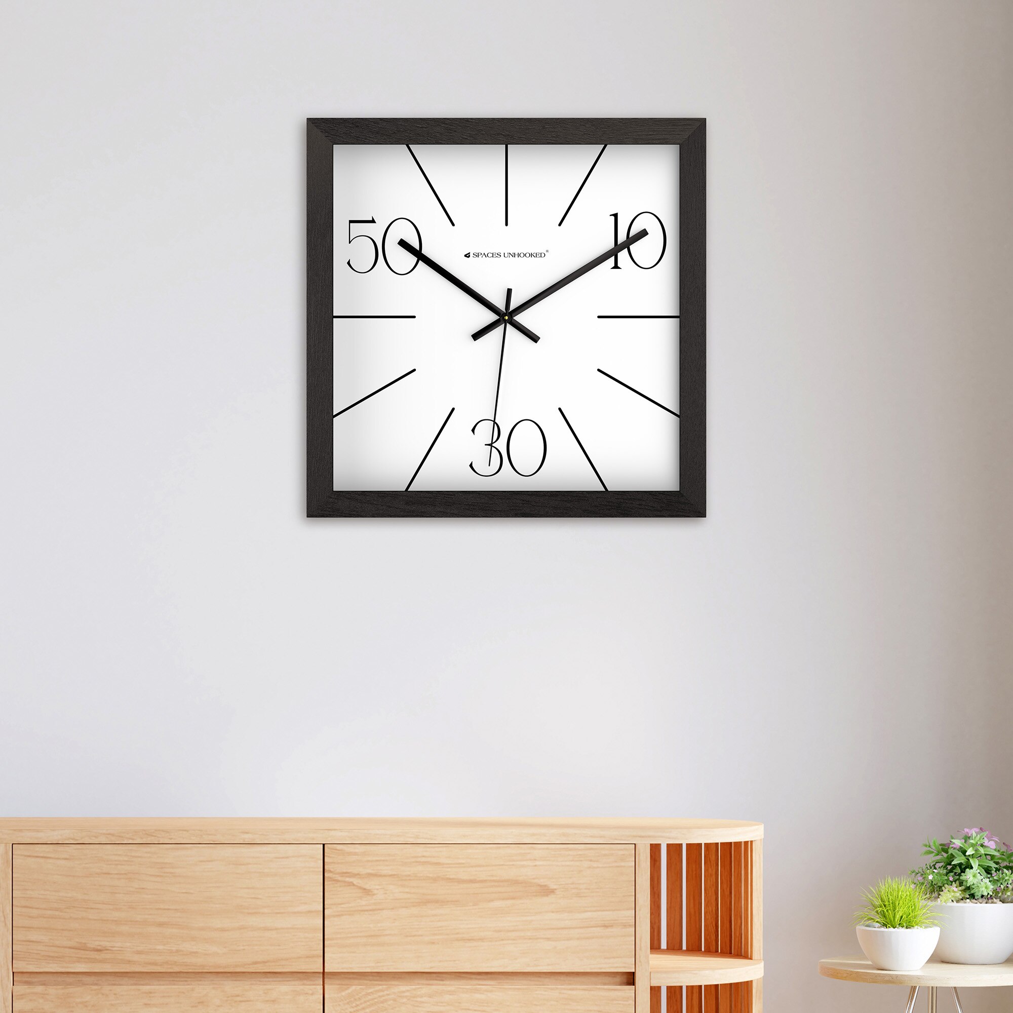 Minimal Square Wooden Wall Clock with 50–30–10 Numeric Dial