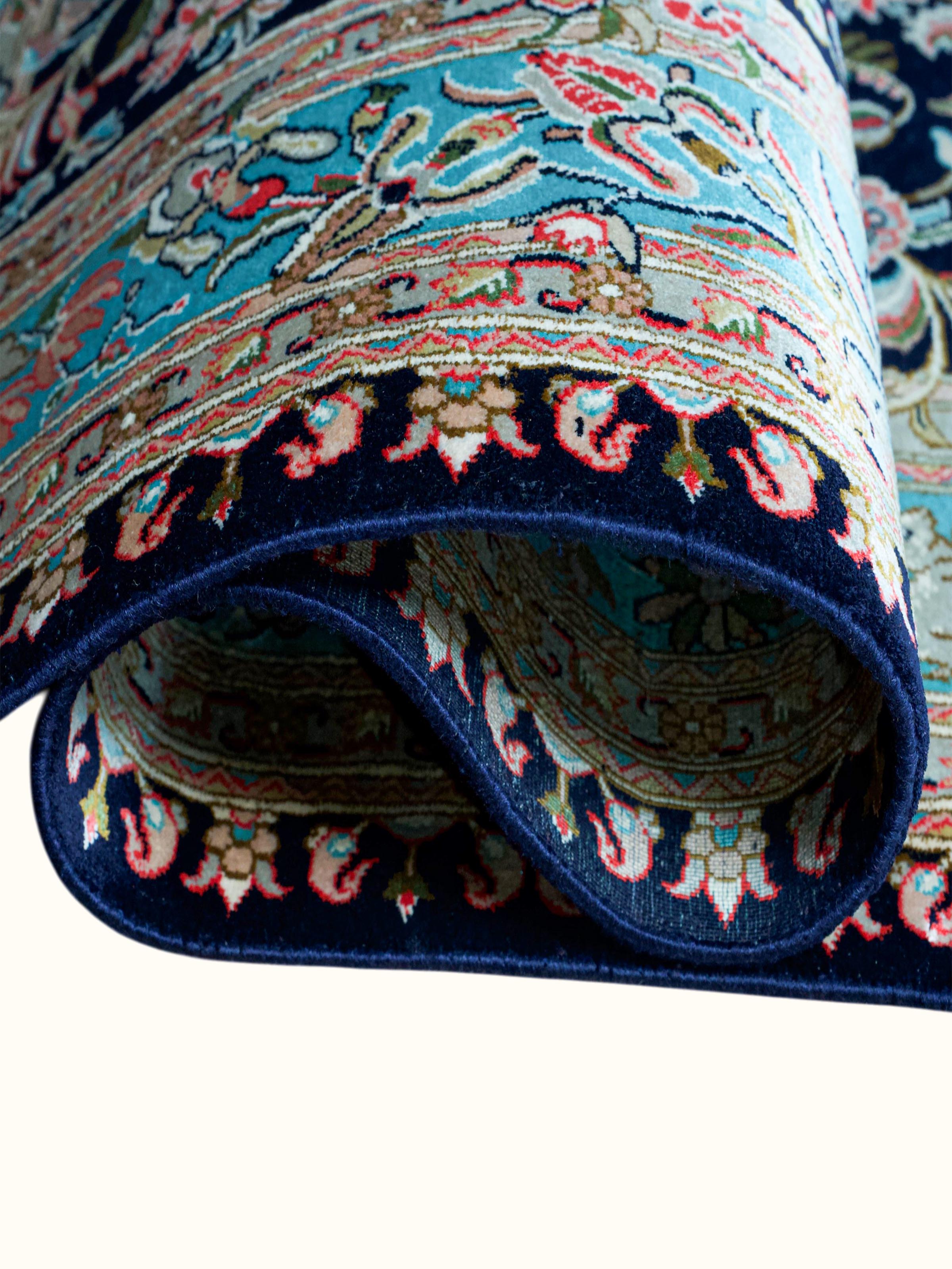 Traditional Persian Navy Floral Allover Kashmir Silk Hand-Knotted Carpet