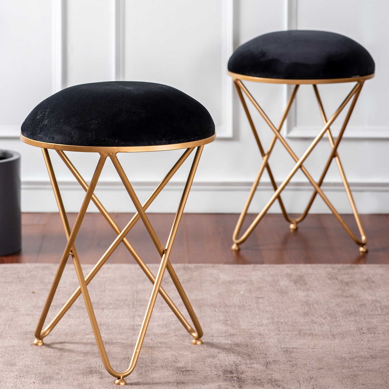 Classic Velvet Cross Metallic Stool in Black Color Set of 2 - Nestroots