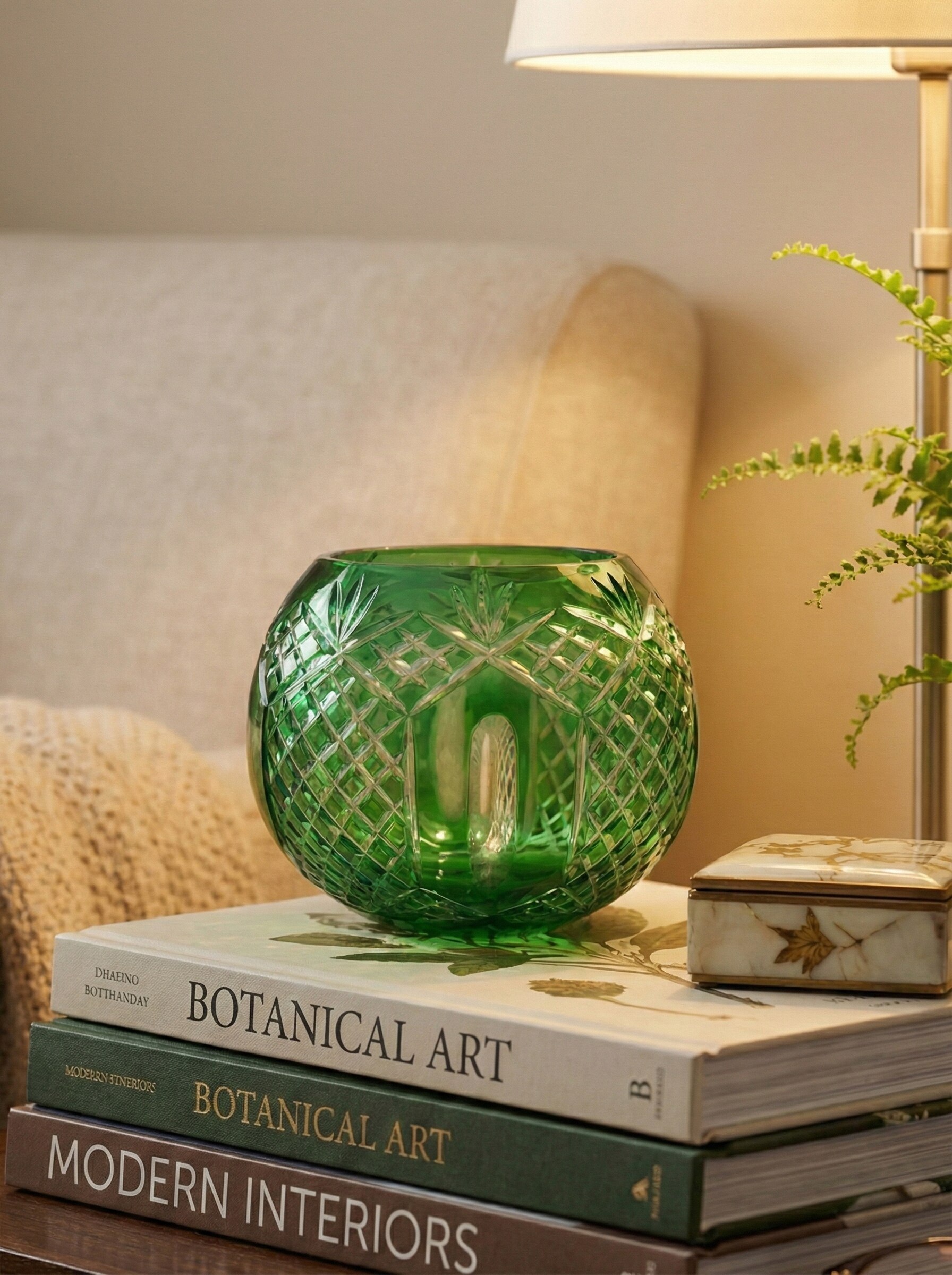 Green emerald glass bowl vase with translucent decorative design