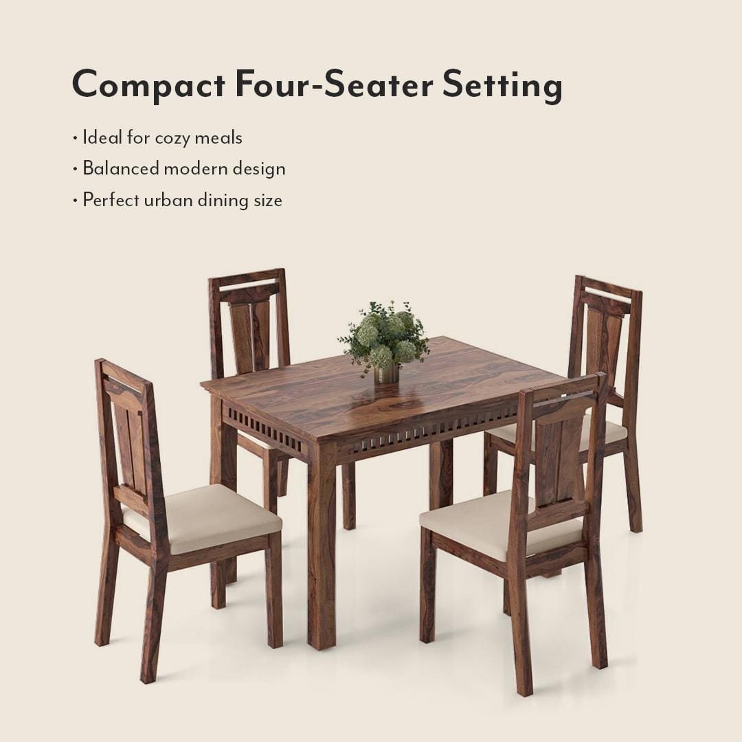 Fidora 4 Seater Dining Table With Set Of 4 Martha Dining Chairs (Colour- Wheat Brown, Finish- Teak)