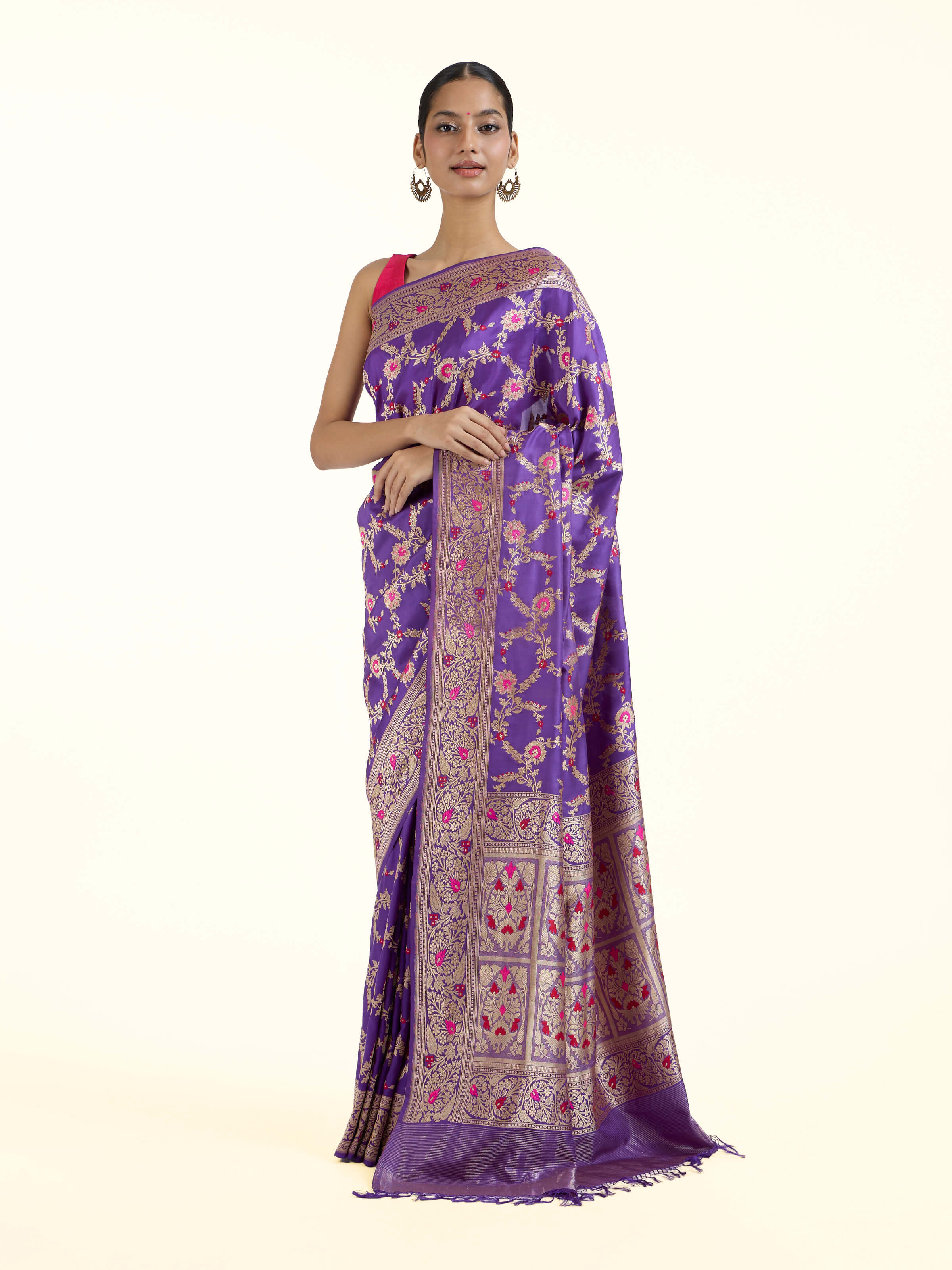 Side view of purple mulberry katan silk Banarasi saree showcasing silk sheen