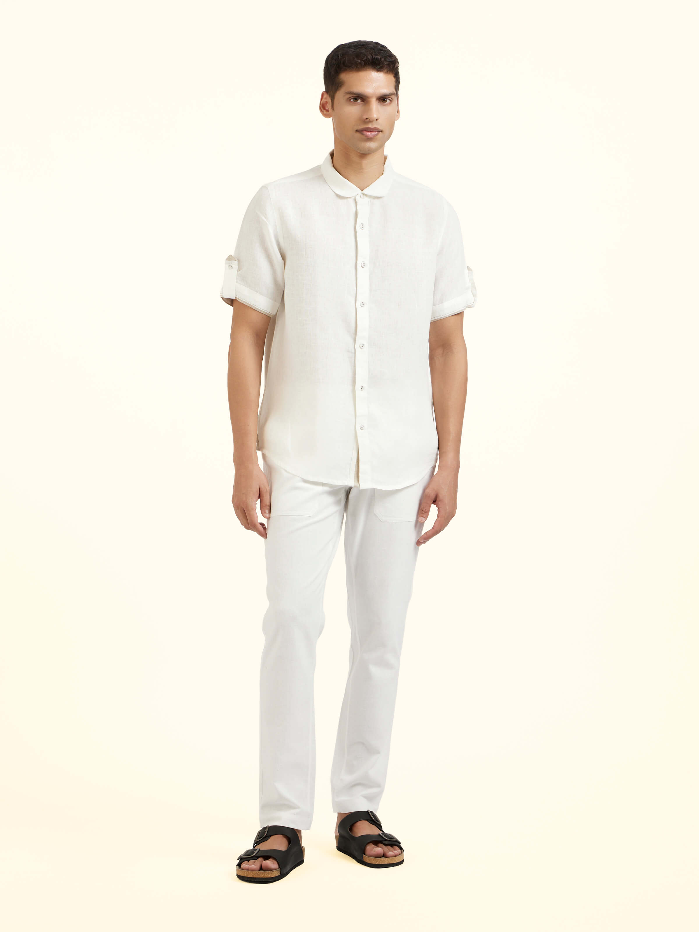 Front view of white Peter Pan collar linen shirt with classic rounded collar