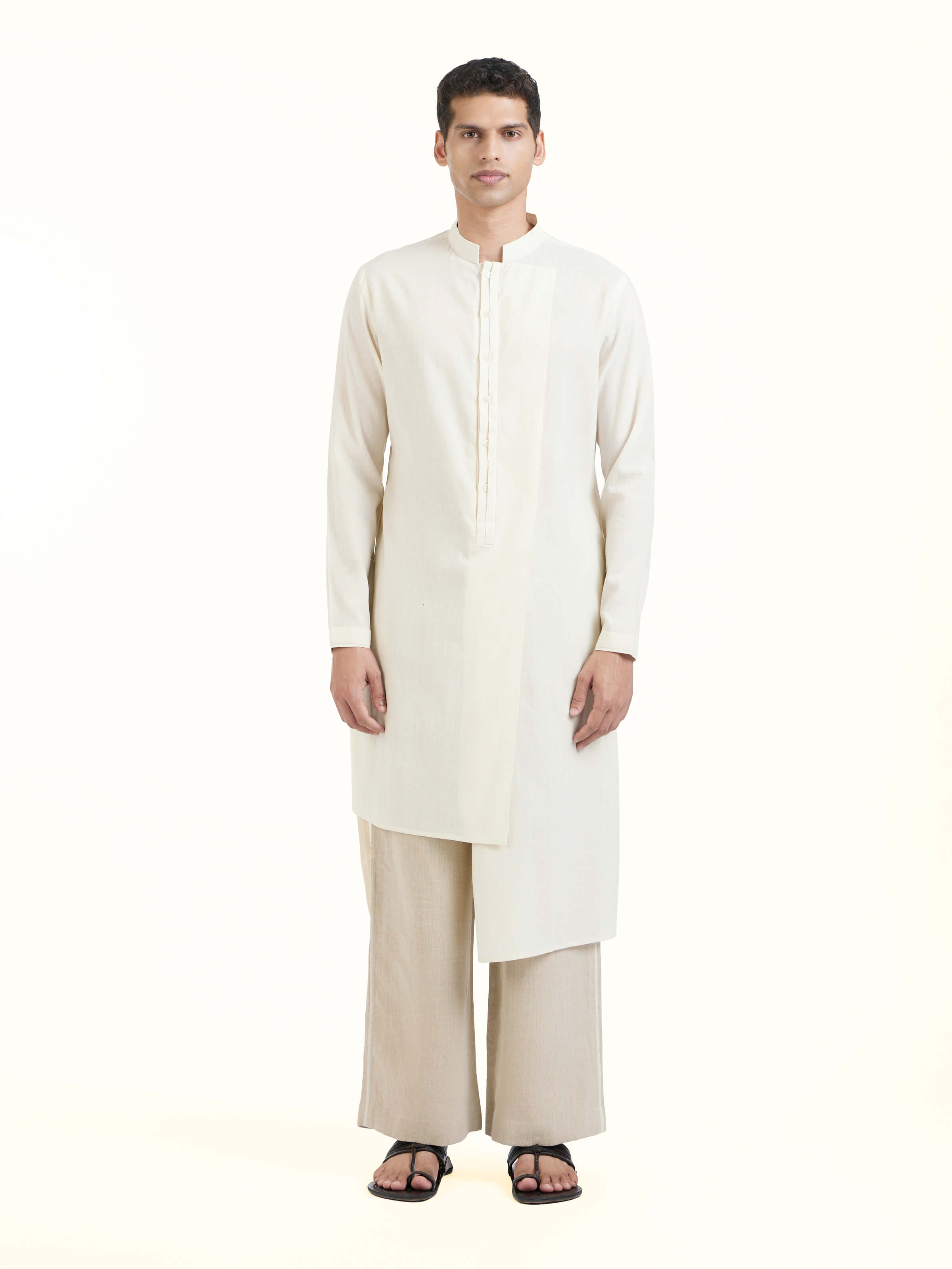 Front view of peach silk handloom long kurta with elegant sheen