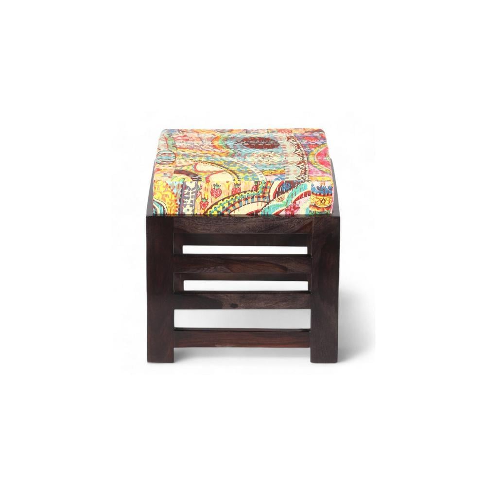 Houston Sheesham Wood Stool in Mahogany Finish & Multi Colour Israel Print Kantha fabric Cushion