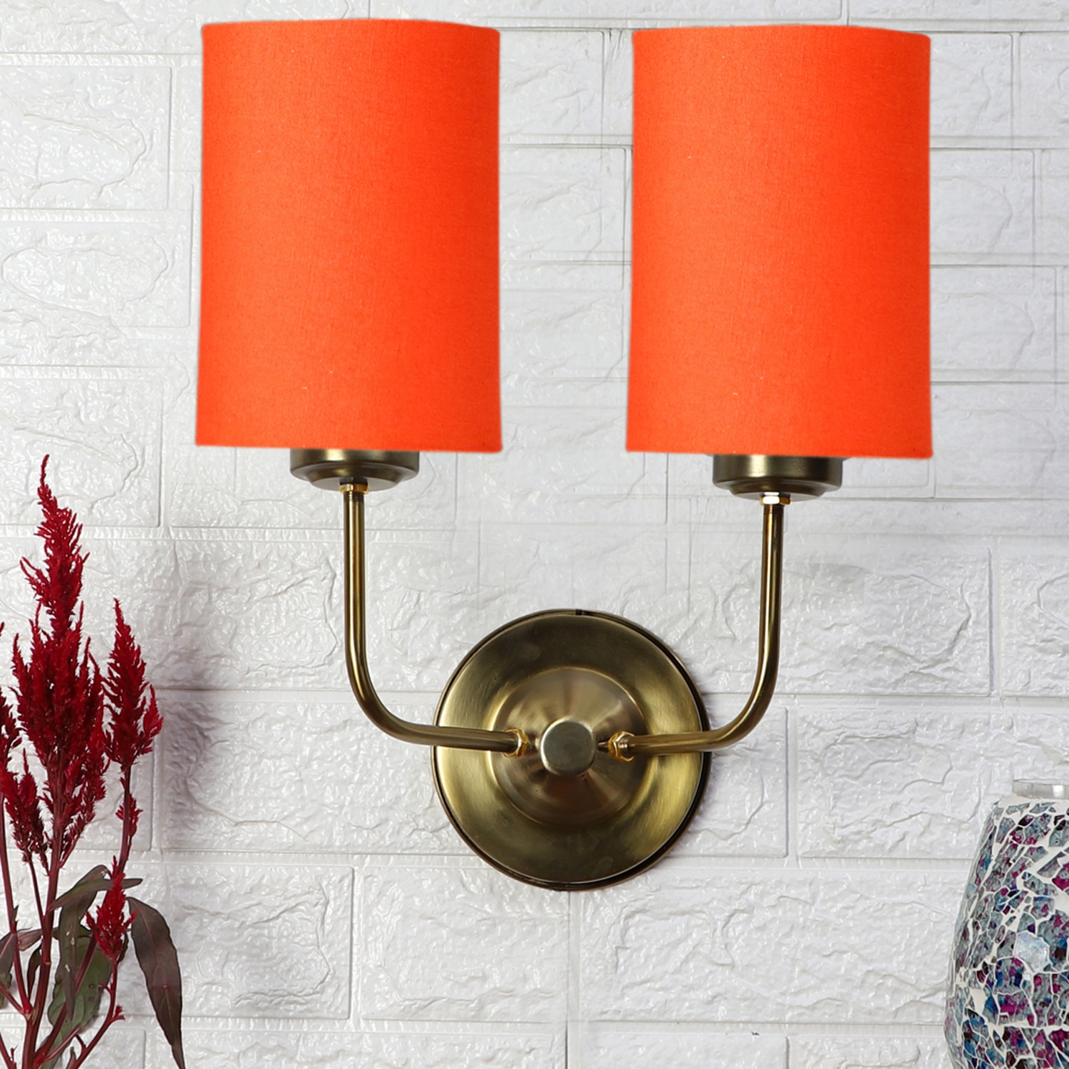 Devansh Metal Electric Wall Light in Gold Colour with Orange Shade Count of 2 Lights - Devansh