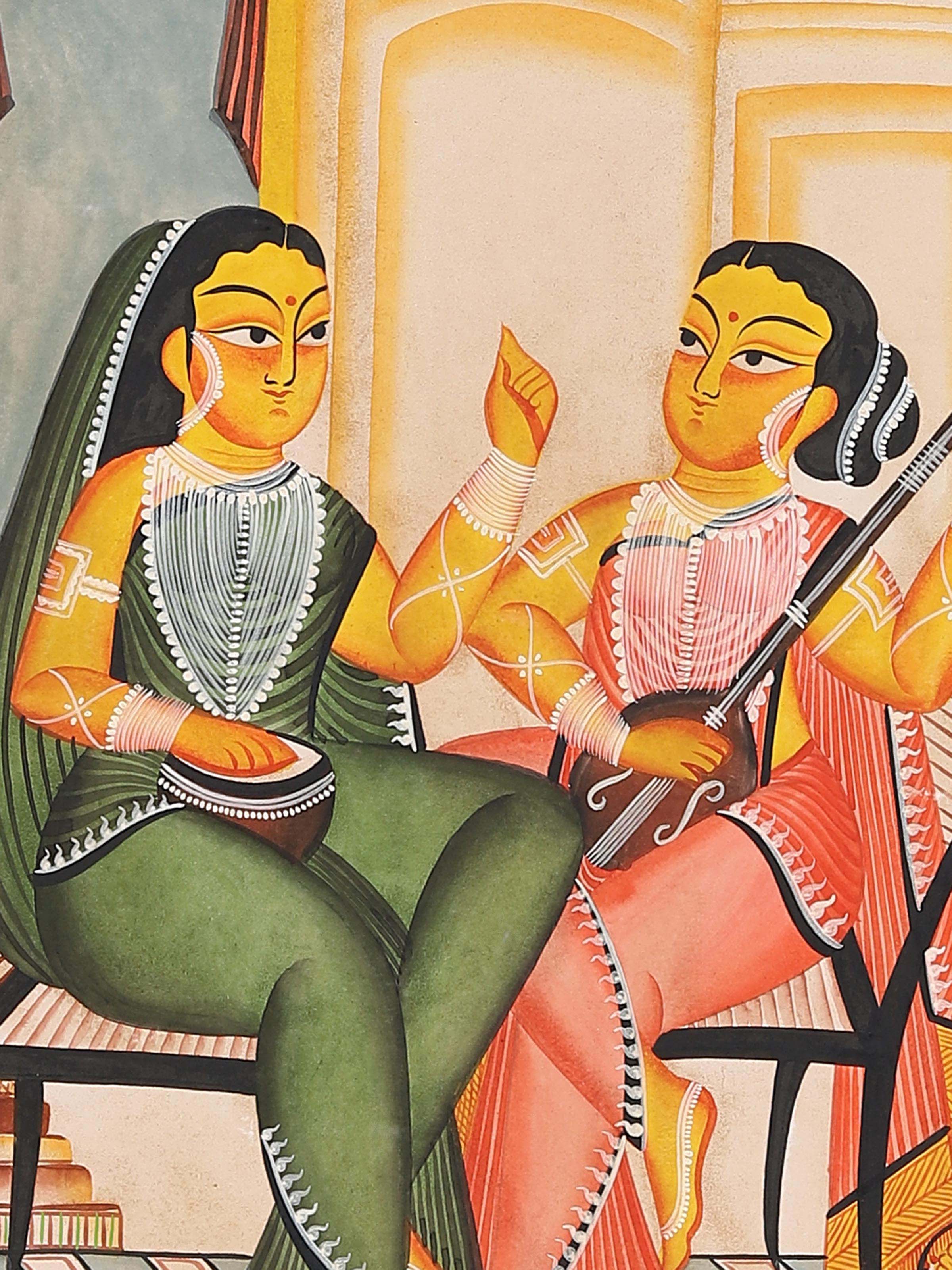 Detail close-up of gossiping women Kalighat painting showing brushwork