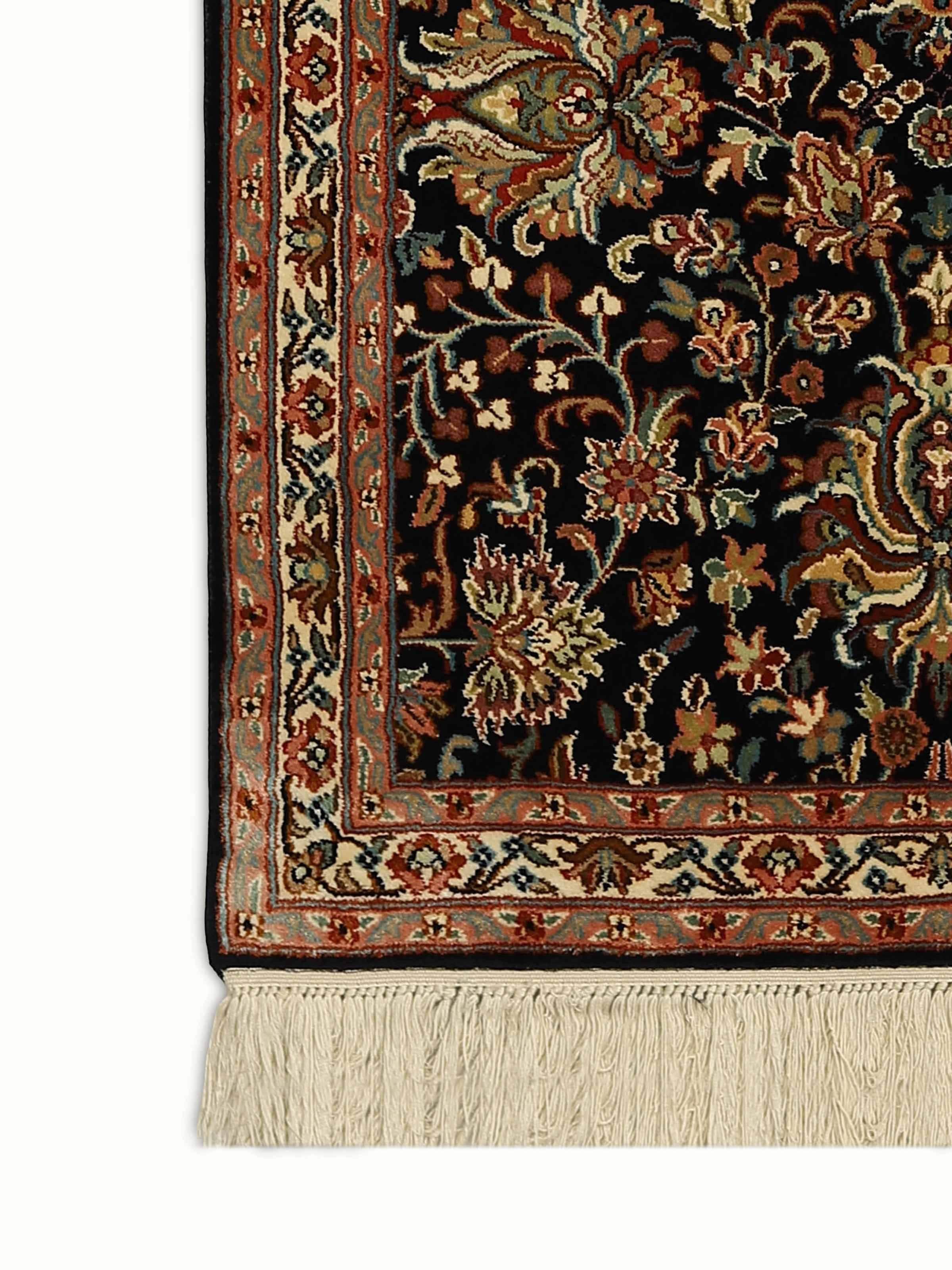 Traditional Persian Navy Blue Shah Abbasi Kashmir Silk Hand-knotted Rug