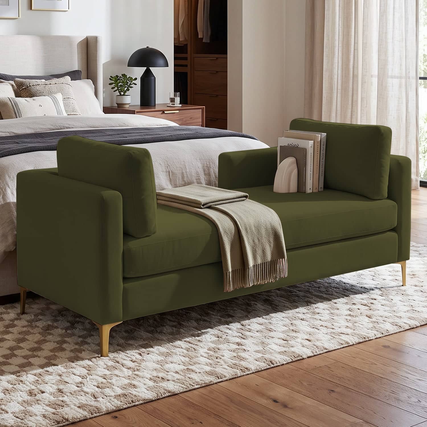 Cova Velvet Chaise Lounger in Olive Green Color