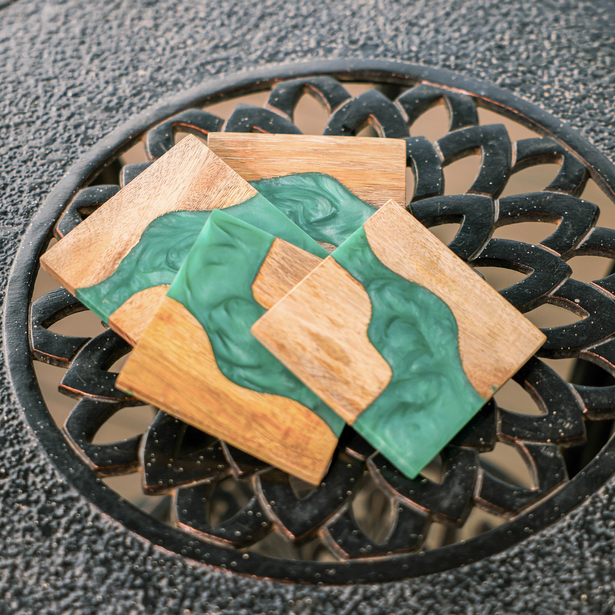 Ireka Home Blue Wave Wood and Resin Coaster Set – Set of 4 - Ireka Homes