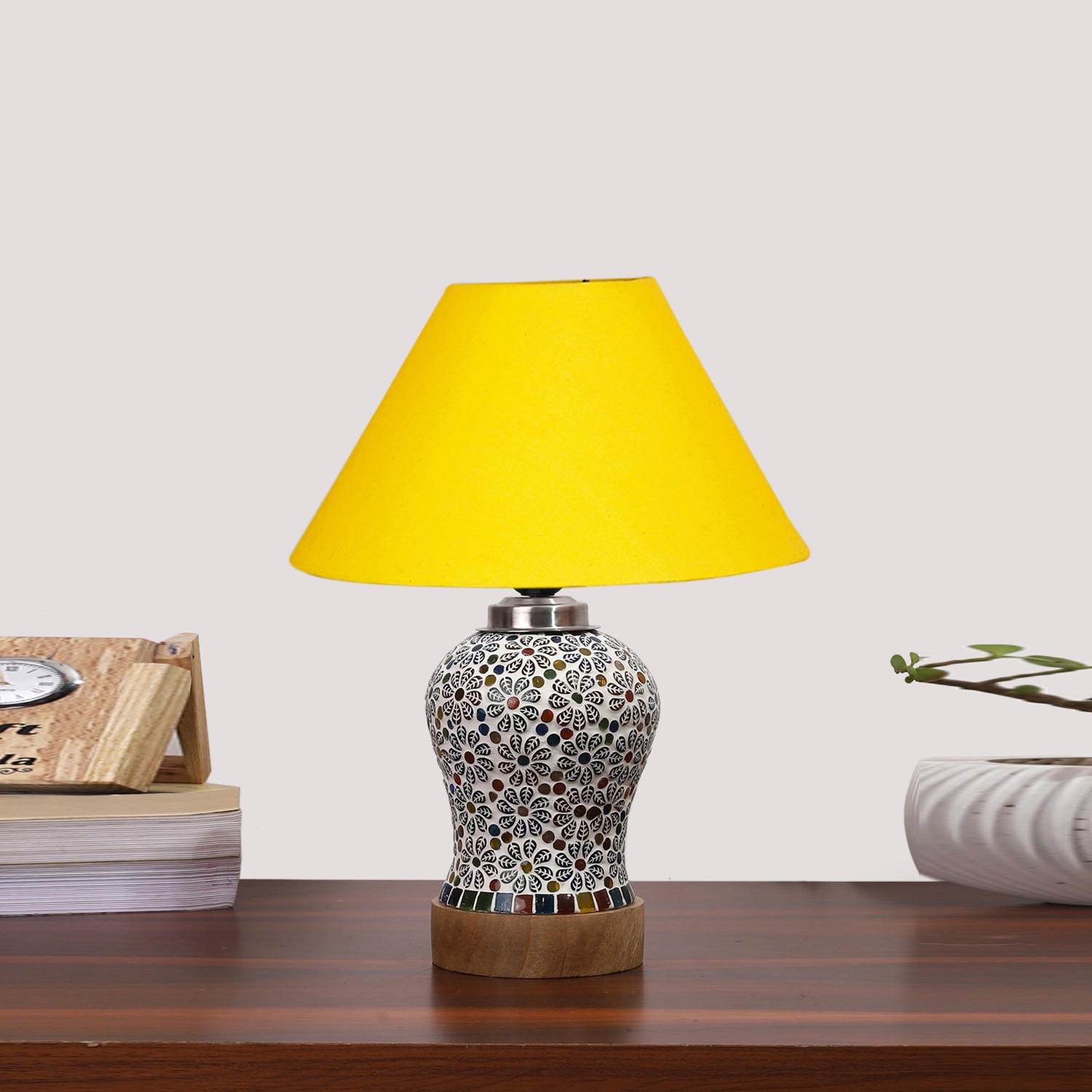 Devansh Conical Yellow Cotton Shade Lamp With Wood & Mosaic Glass Base For Decoration/Office/Home/Gifting/Study For Decoration/Office/Home/Gifting/Study -(10X10X14.5) Inches -A