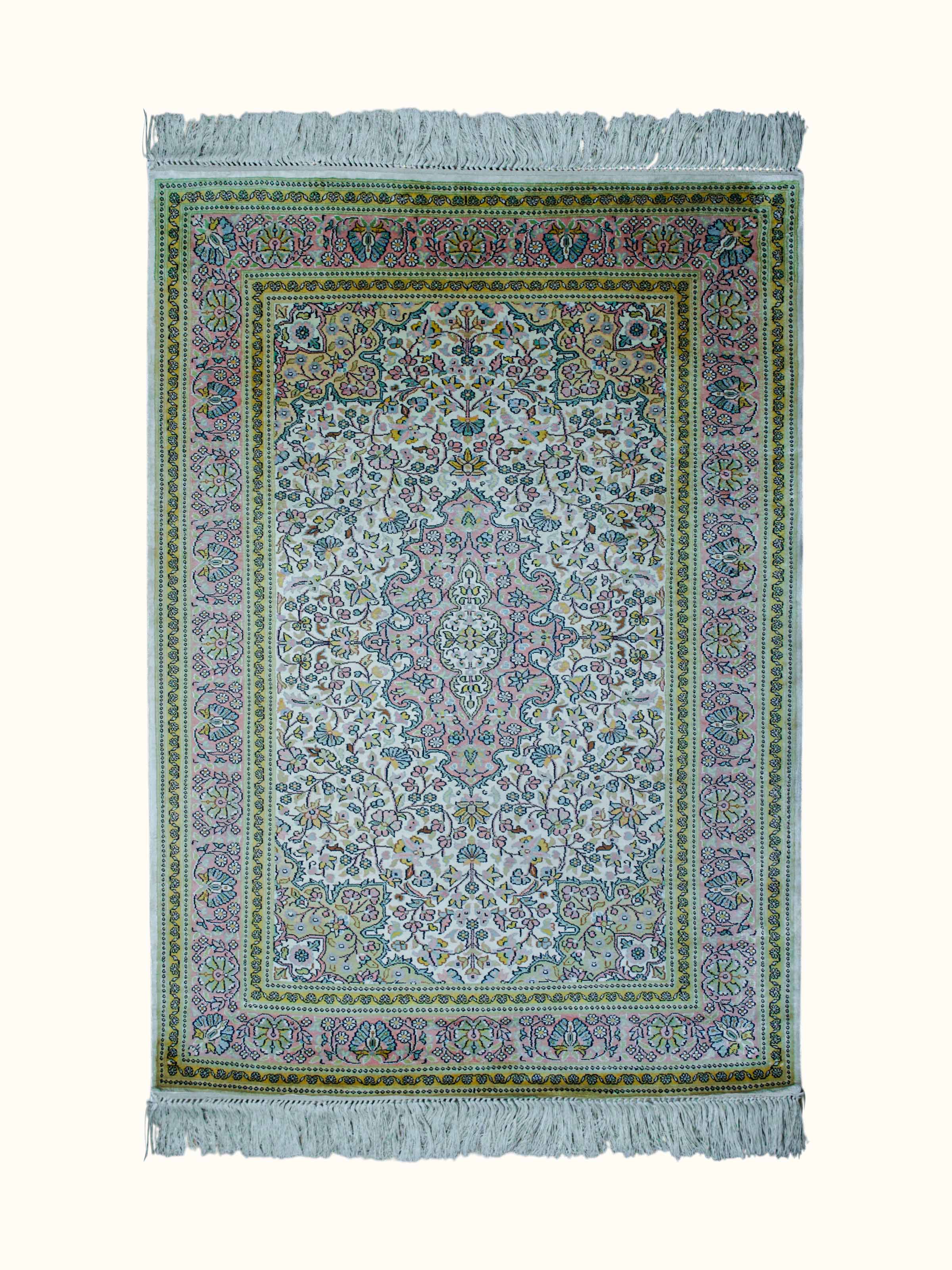 Traditional Persian Ivory Kashan Kashmir Silk Hand-Knotted Carpet