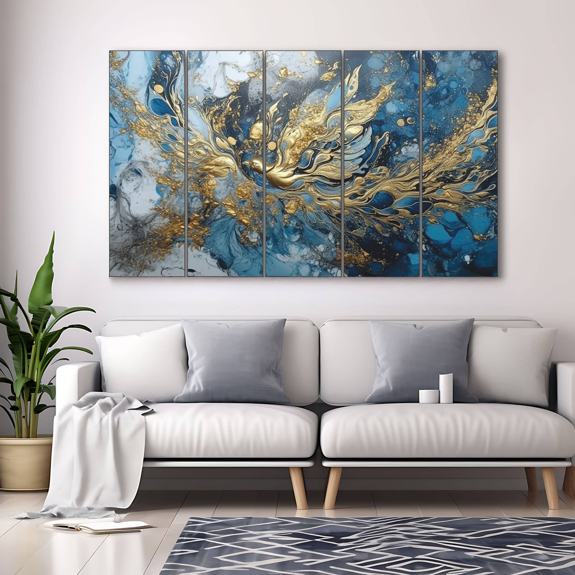 The Castle Decor Abstract Golden Blue Wall Art Set of 5 27x48 Inch - The Castle Decor