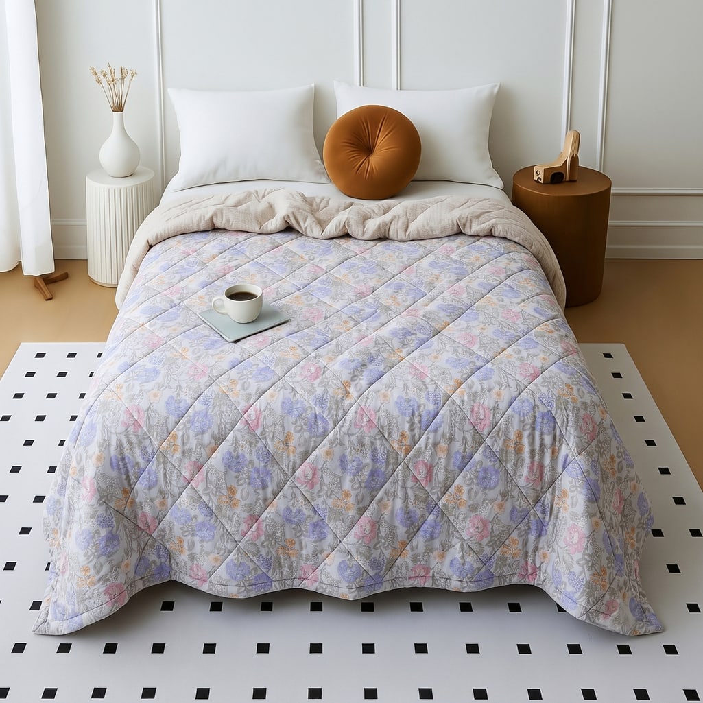 Cream Floral Comforter Quilted Reversible Cotton 350 Gsm Double Bed 240 X 220 Cms
