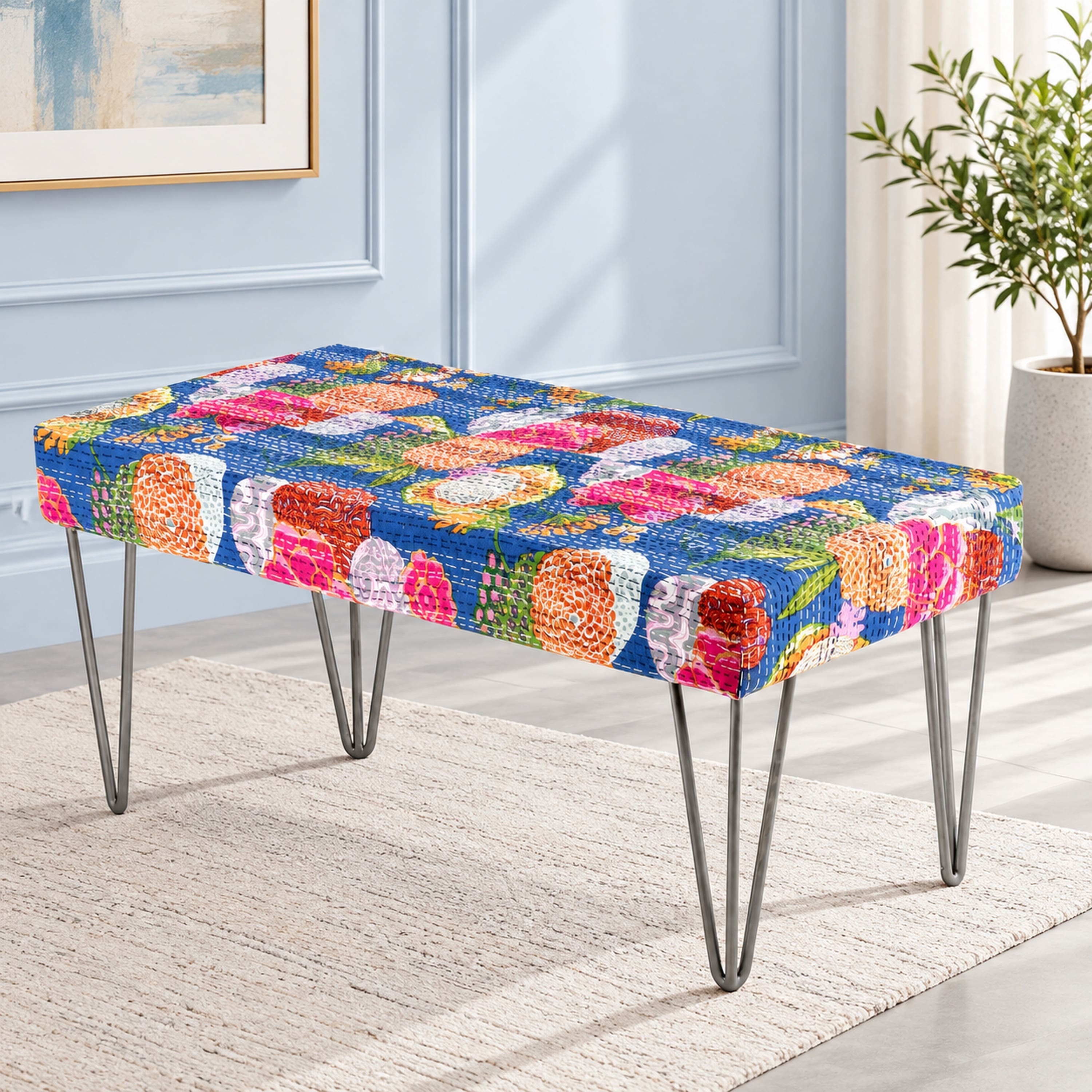 Velas Sheesham Wood Mid-Century 2 Seater Dining Bench with Metal Legs and Fruit Print Blue
