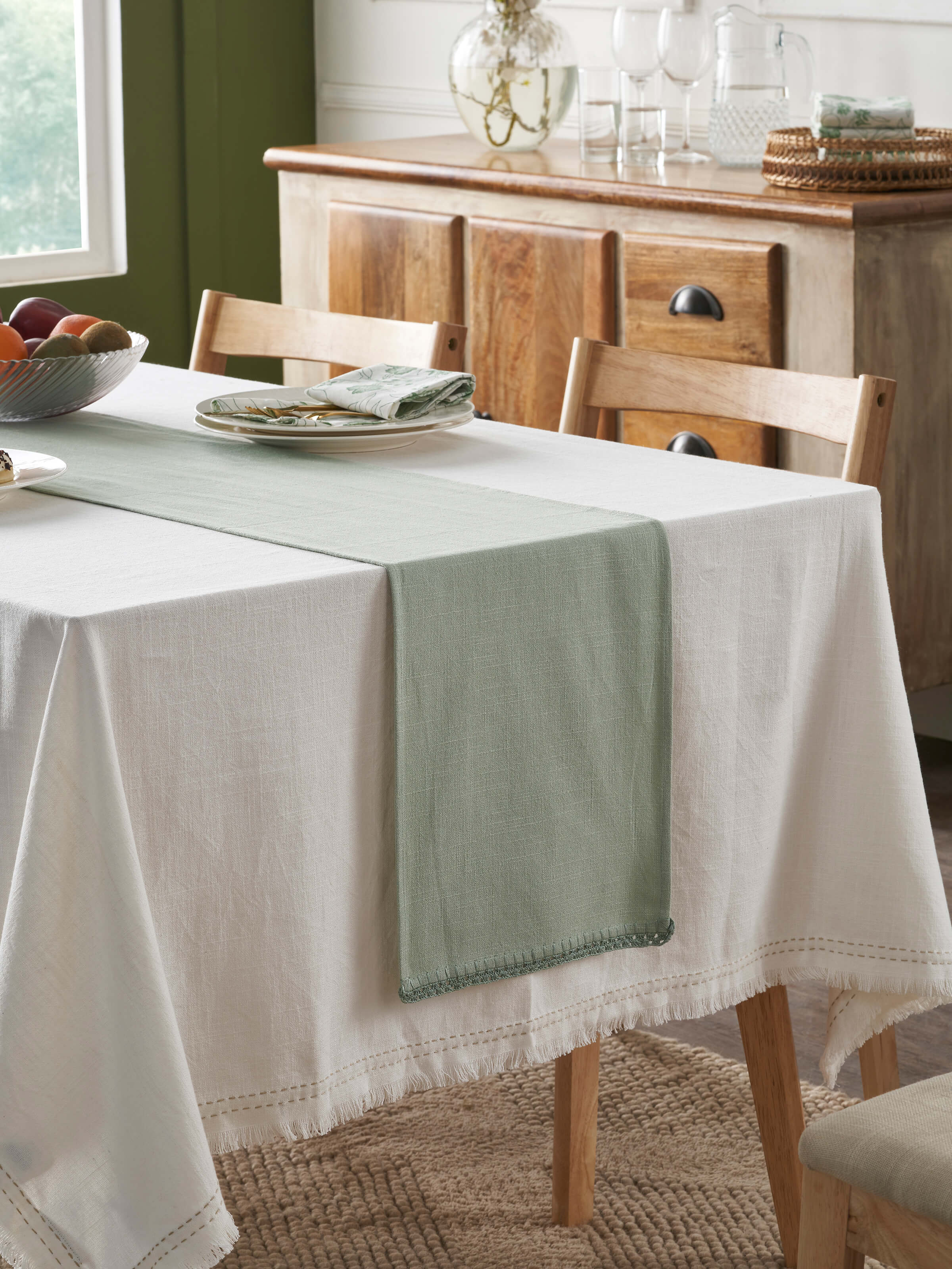 Nityam Light Green Cotton Slub Crochet Table Runner