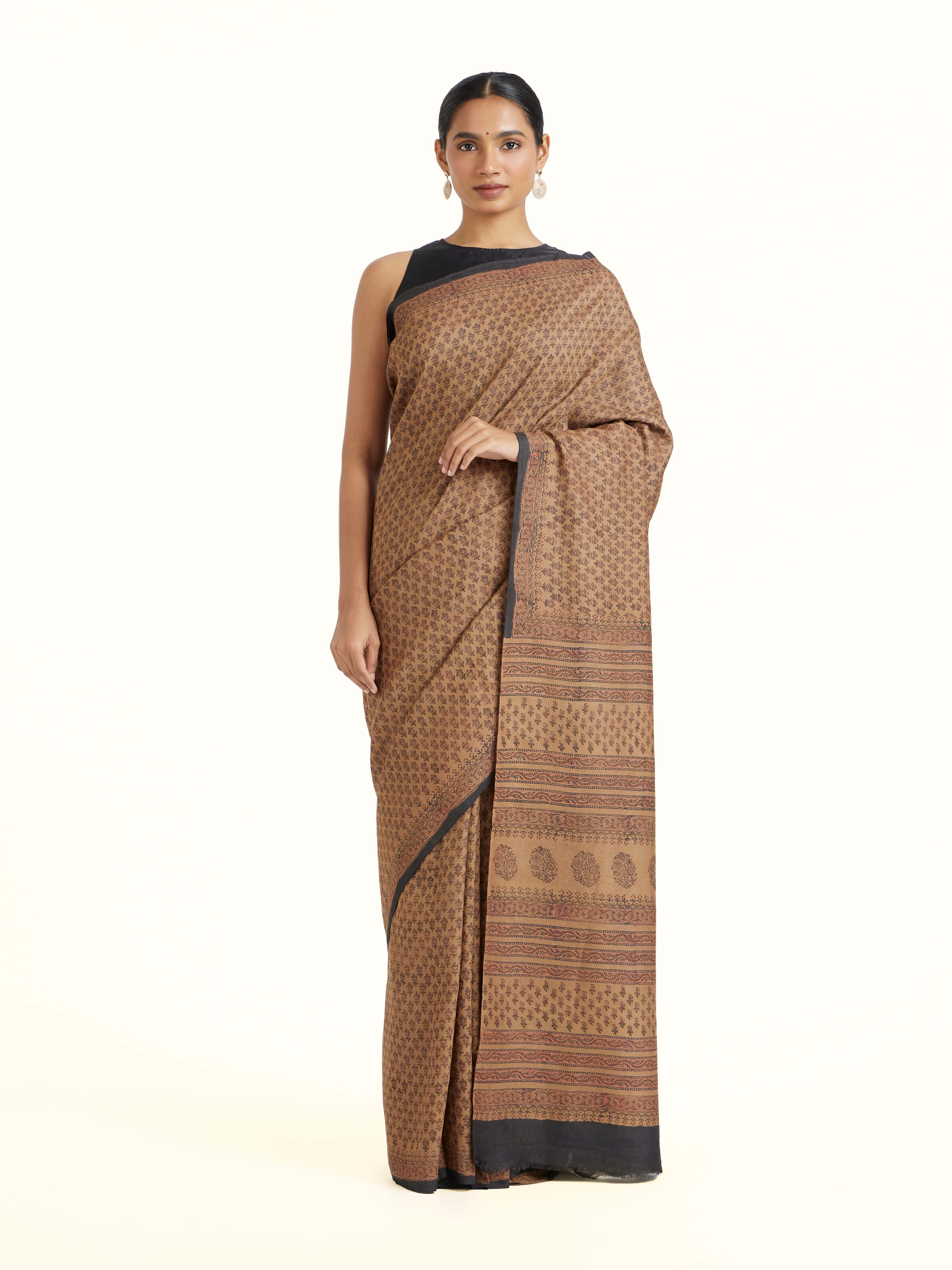 Beige Tussar Muga Silk Bagru Block Printed Saree
