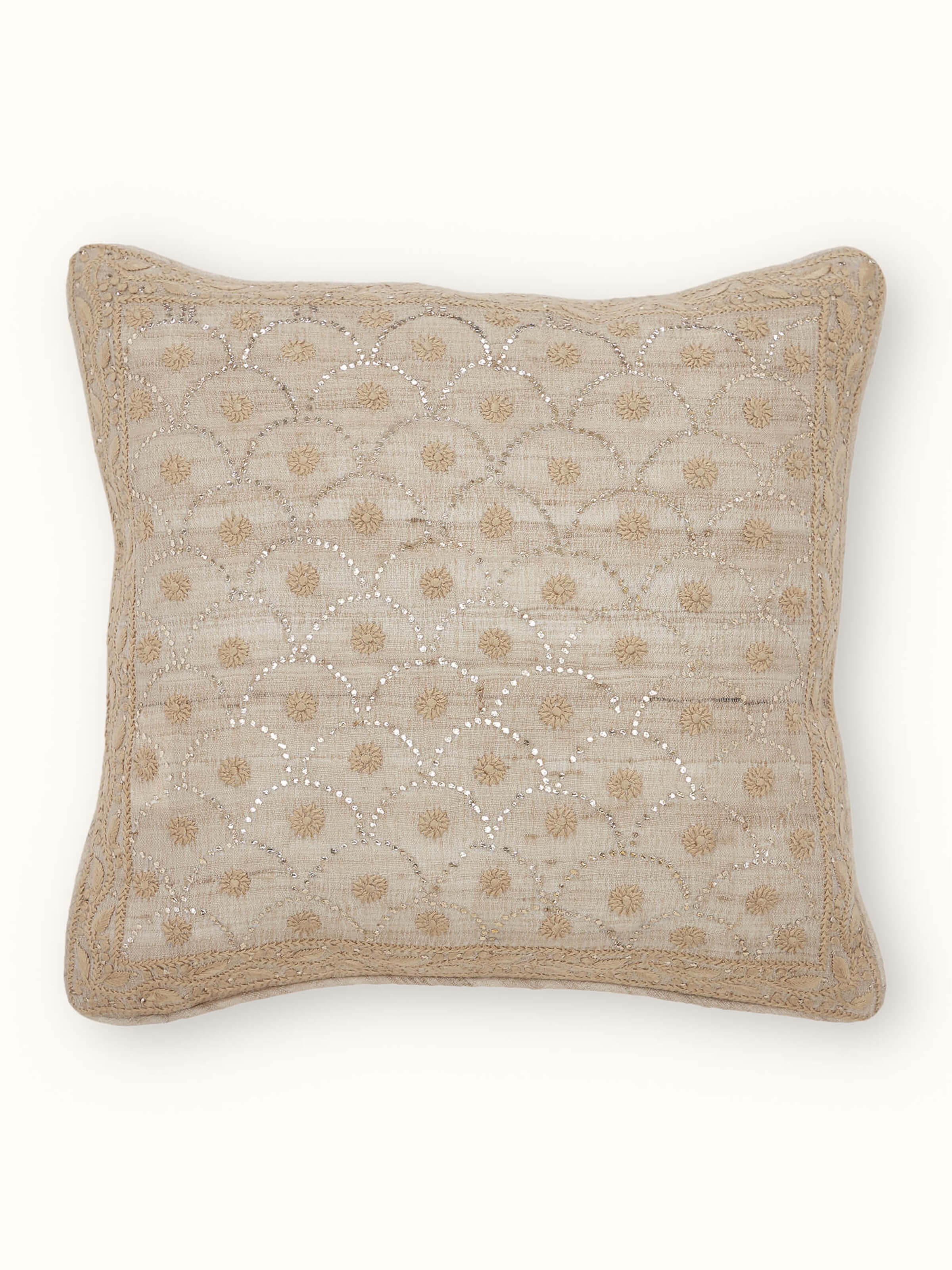 Pragya Beige All-over Silk Chikankari Hand Embroidered Cushion Cover