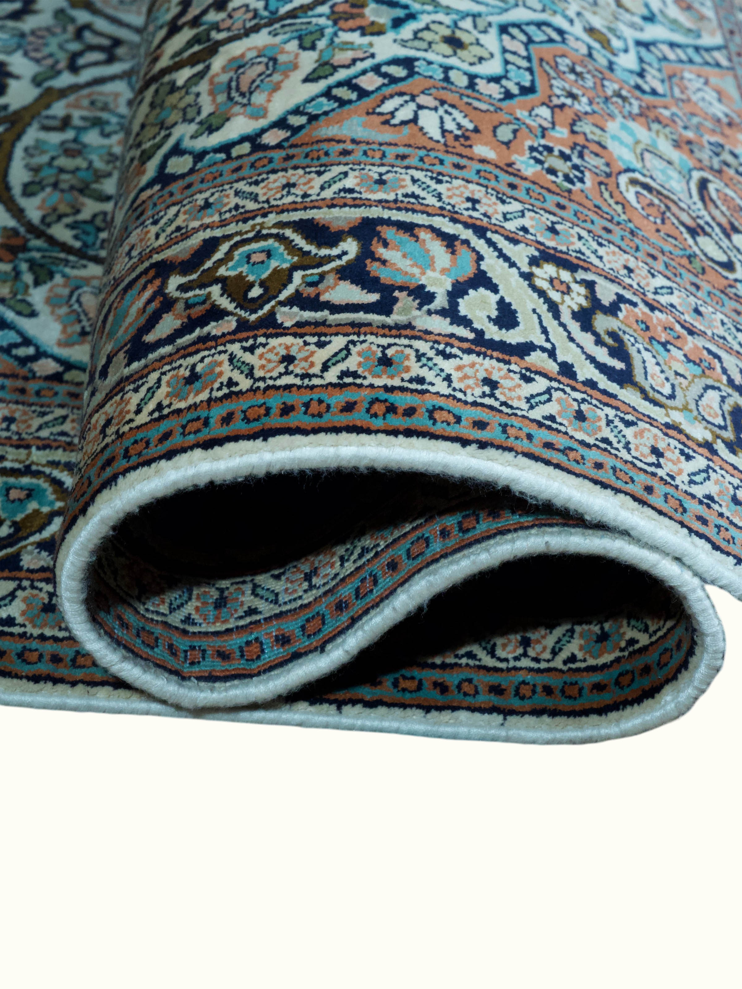 Traditional Persian Ivory Rust Tabriz Kashmir Silk Hand-Knotted Carpet